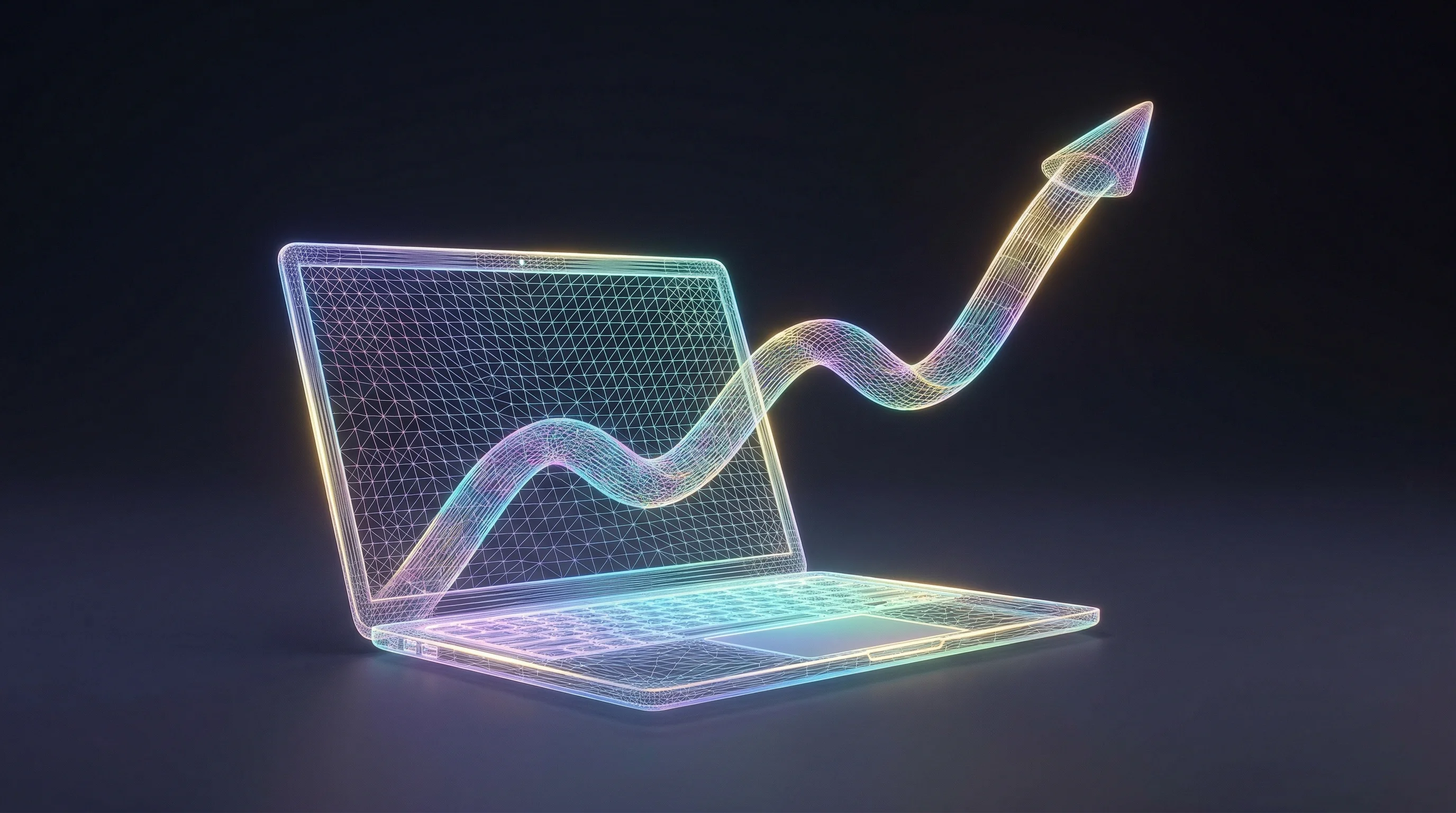 Digital illustration for article section "The AI PC Gold Rush (Maybe)" in "Andrew Ng Backs IrisGo's $2.8M Seed for AI PC Workflow Automation" - A sleek, minimalist modern laptop sits open on a smooth, uncluttered surface, symbolizing the rapid ...