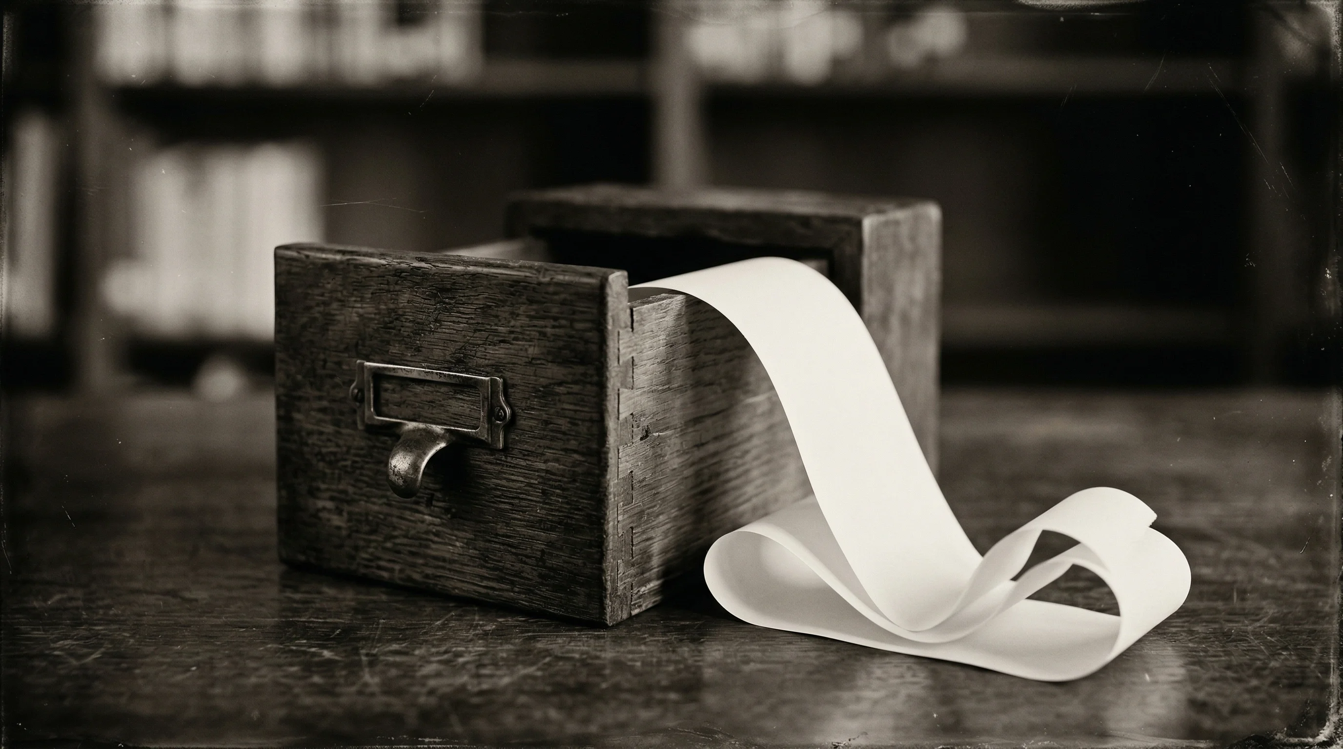 Digital illustration for article section "What Gets Lost in the Feed" in "Solo Developer's Blog Discovery Platform Tops Hacker News" - A minimalist, conceptual still life featuring a single, beautifully crafted antique wooden library c...