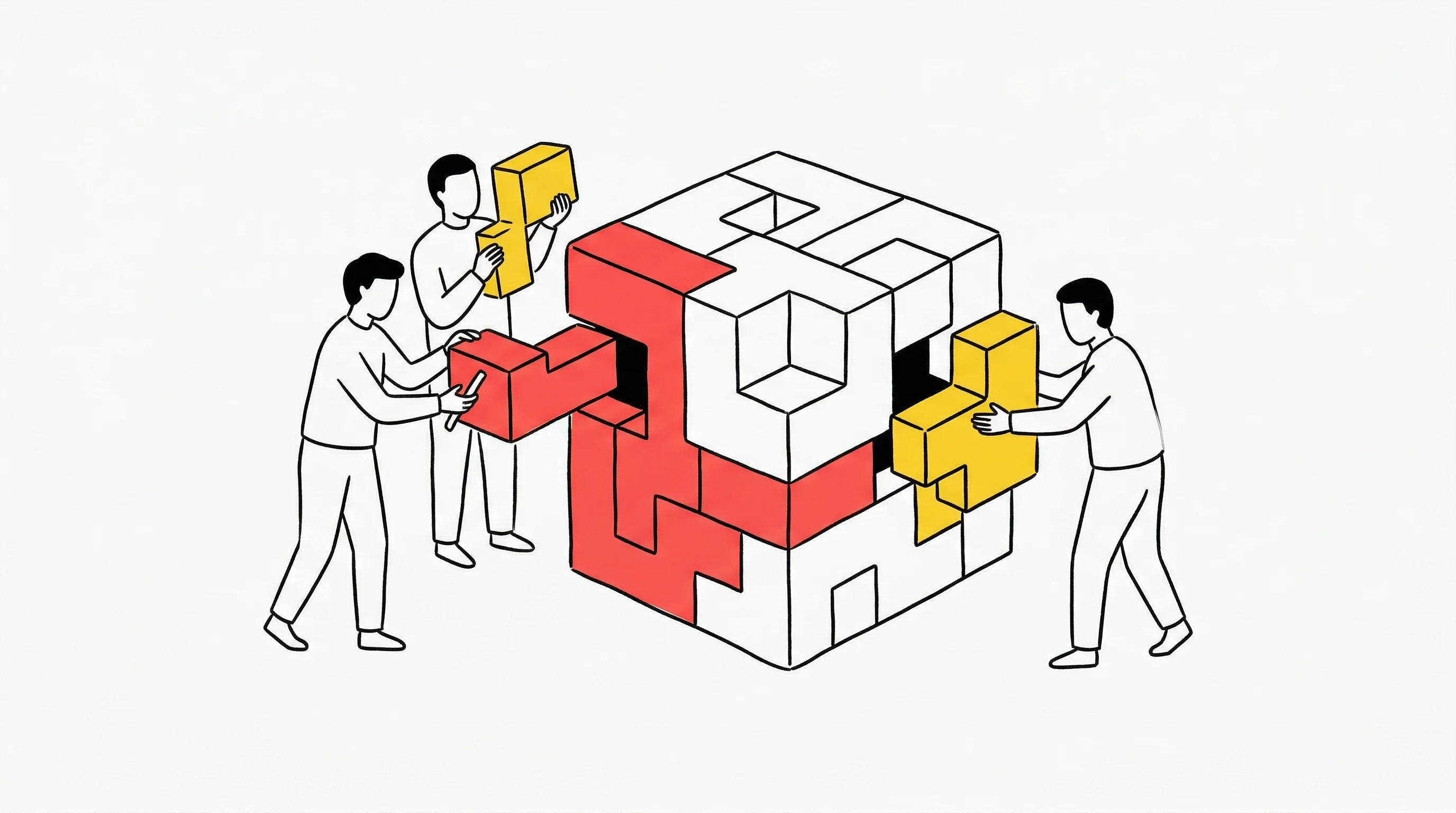 Digital illustration for article section "Who's Building It" in "YC-Backed Hex Security Launches 24/7 AI Pentesting Platform" - A conceptual and minimalist illustration depicting three generic, faceless figures working collabora...