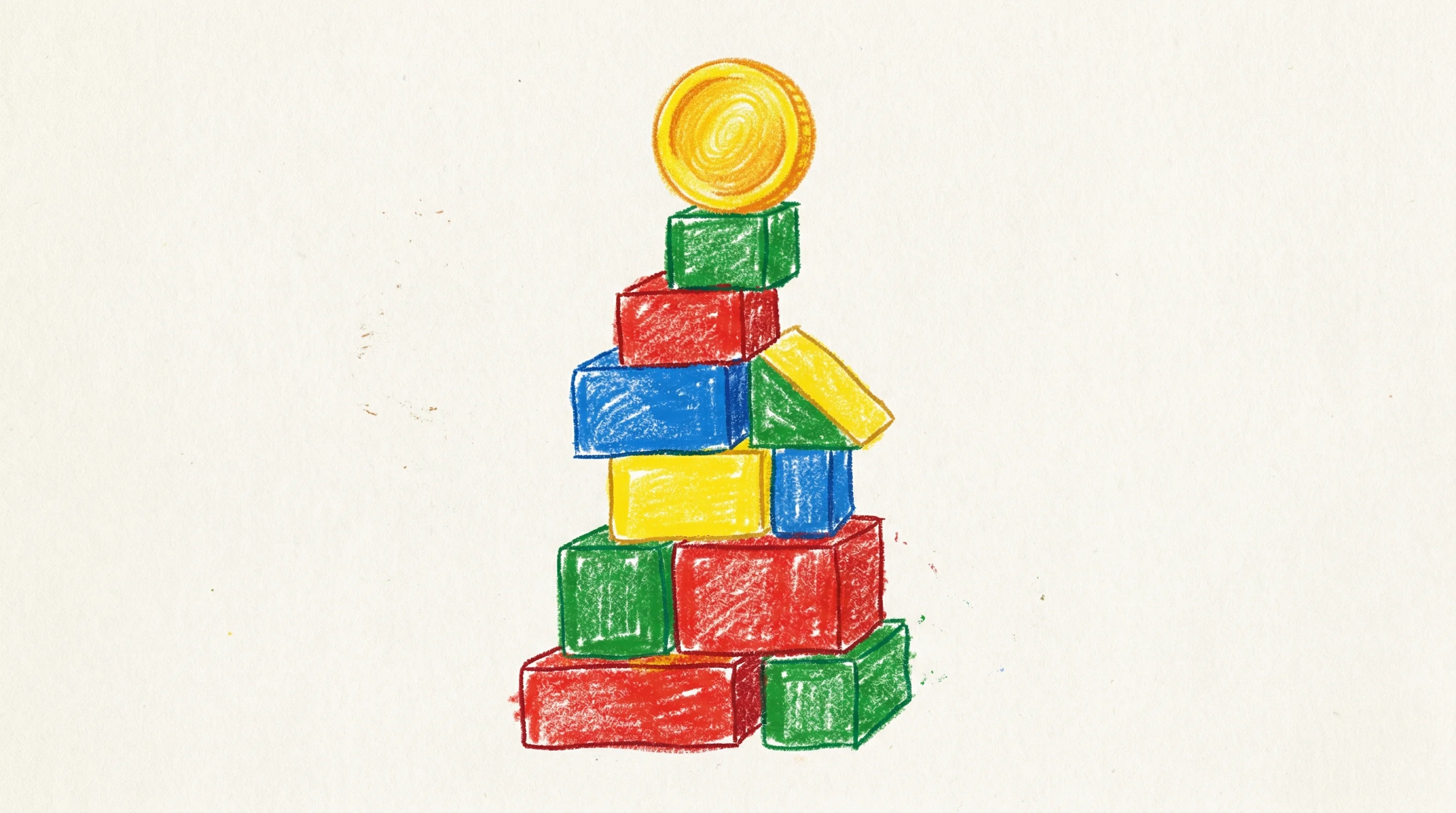 Digital illustration for article section "A Track Record, Briefly" in "Pumpcade Raises $1M Pre-Seed for Livestream Prediction Markets" - A conceptual illustration of a growing stack of toy building blocks with a bright golden coin restin...