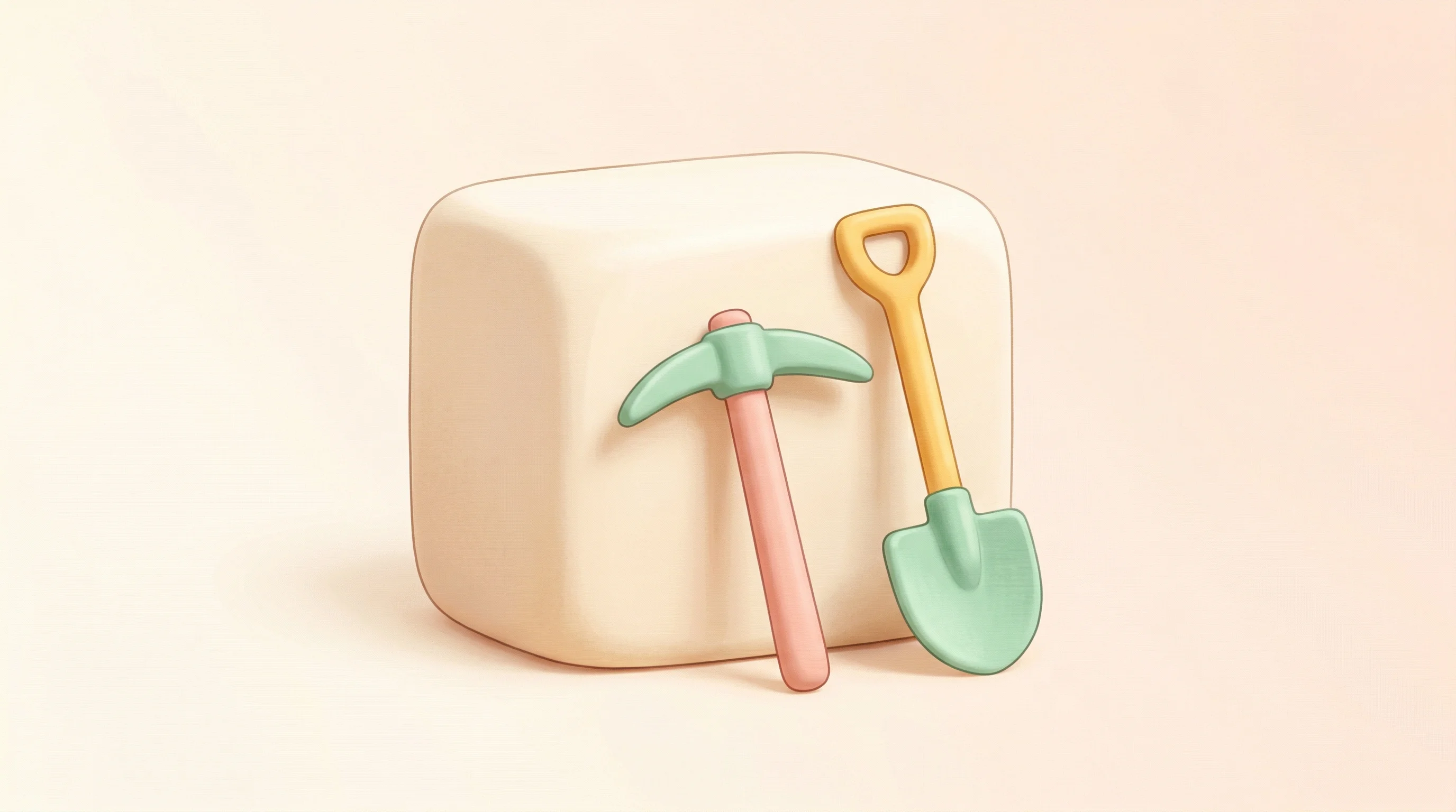 Digital illustration for article section "Picks and Shovels" in "YC W26 Signals Shift: Vertical AI Tools Dominate B2B Infrastructure" - A conceptual, modern illustration of a minimalist pickaxe and shovel resting gently against a large,...