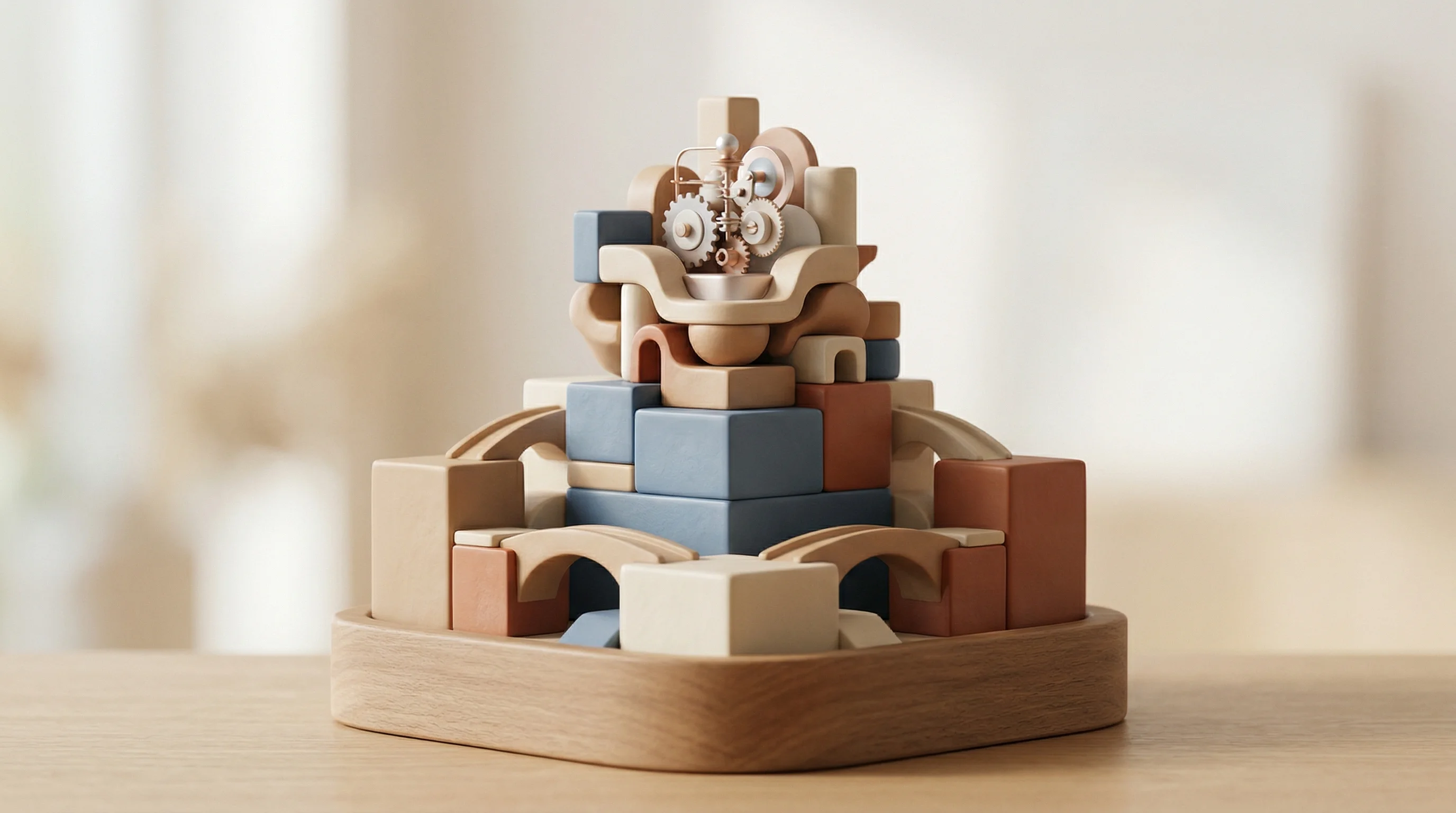 Digital illustration for article section "Memory as Infrastructure" in "Klarna Veterans' Galdera Labs Raises €1.5M for AI Financial Modeling" - A minimalist, beautifully crafted 3D miniature diorama of structured, interlocking architectural blo...