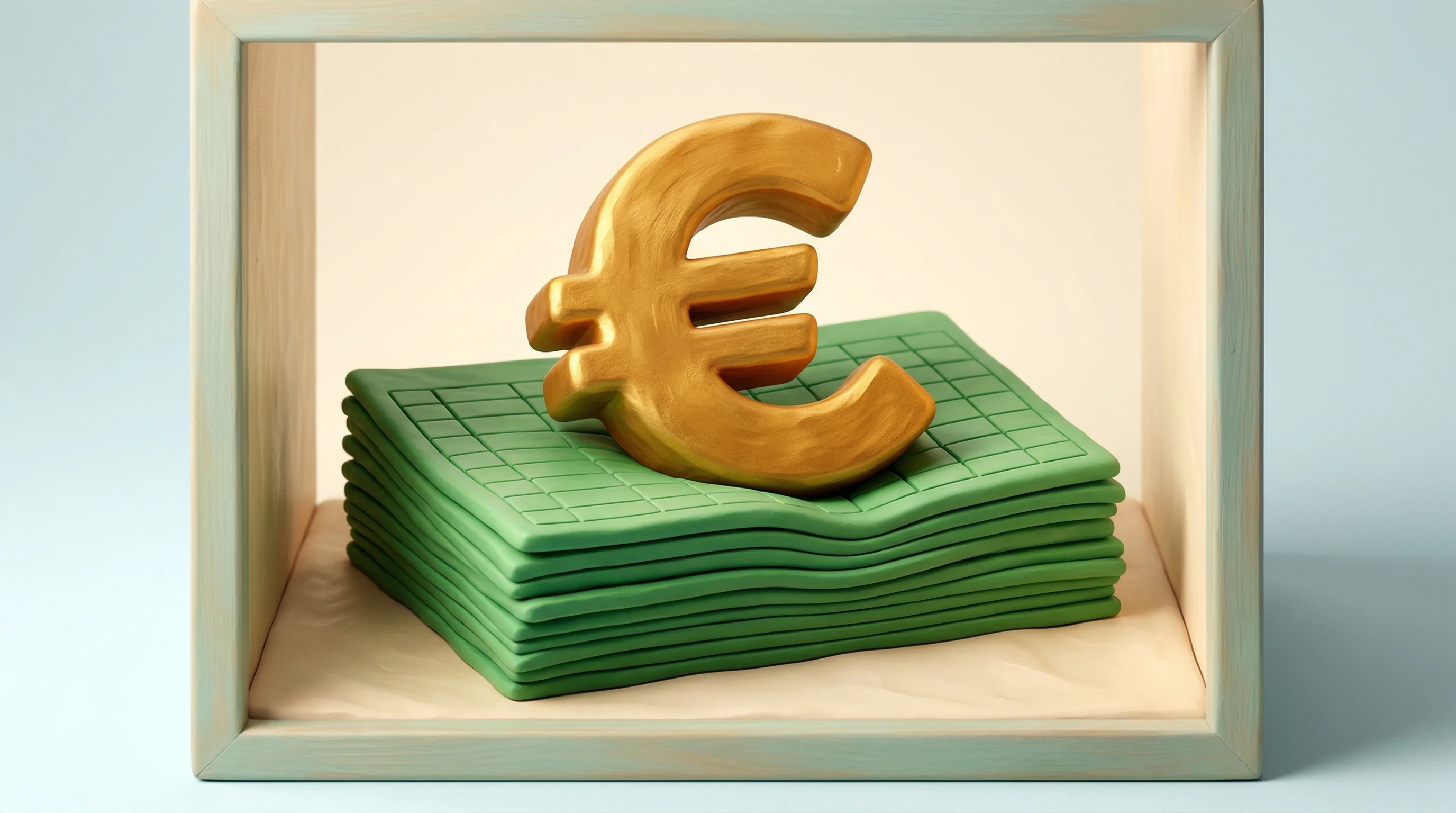 Digital illustration for article section "The €1.5 Million Question" in "Klarna Veterans' Galdera Labs Raises €1.5M for AI Financial Modeling" - A conceptual still life featuring a giant, chunky golden Euro symbol resting heavily on top of a sta...