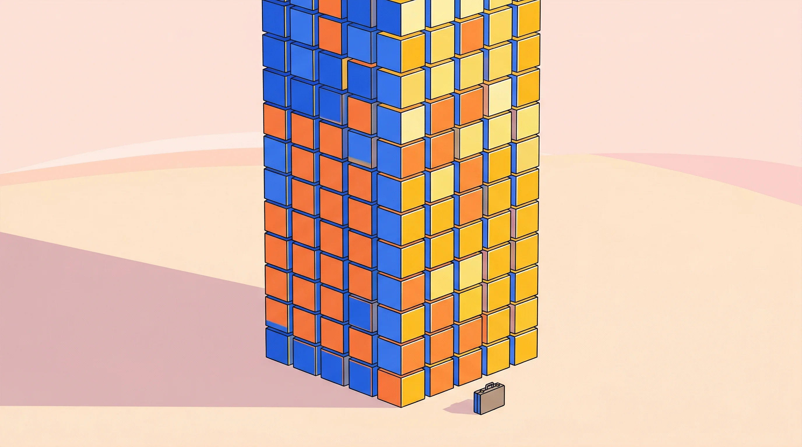 Digital illustration for article section "When $425 Million Is Just Another Round" in "UK Battery Recycler Infiniti Shows Fresh Activity Amid $1.7M Claim" - A colossal, towering stack of perfectly cubed, gleaming recycled metallic blocks representing a stag...