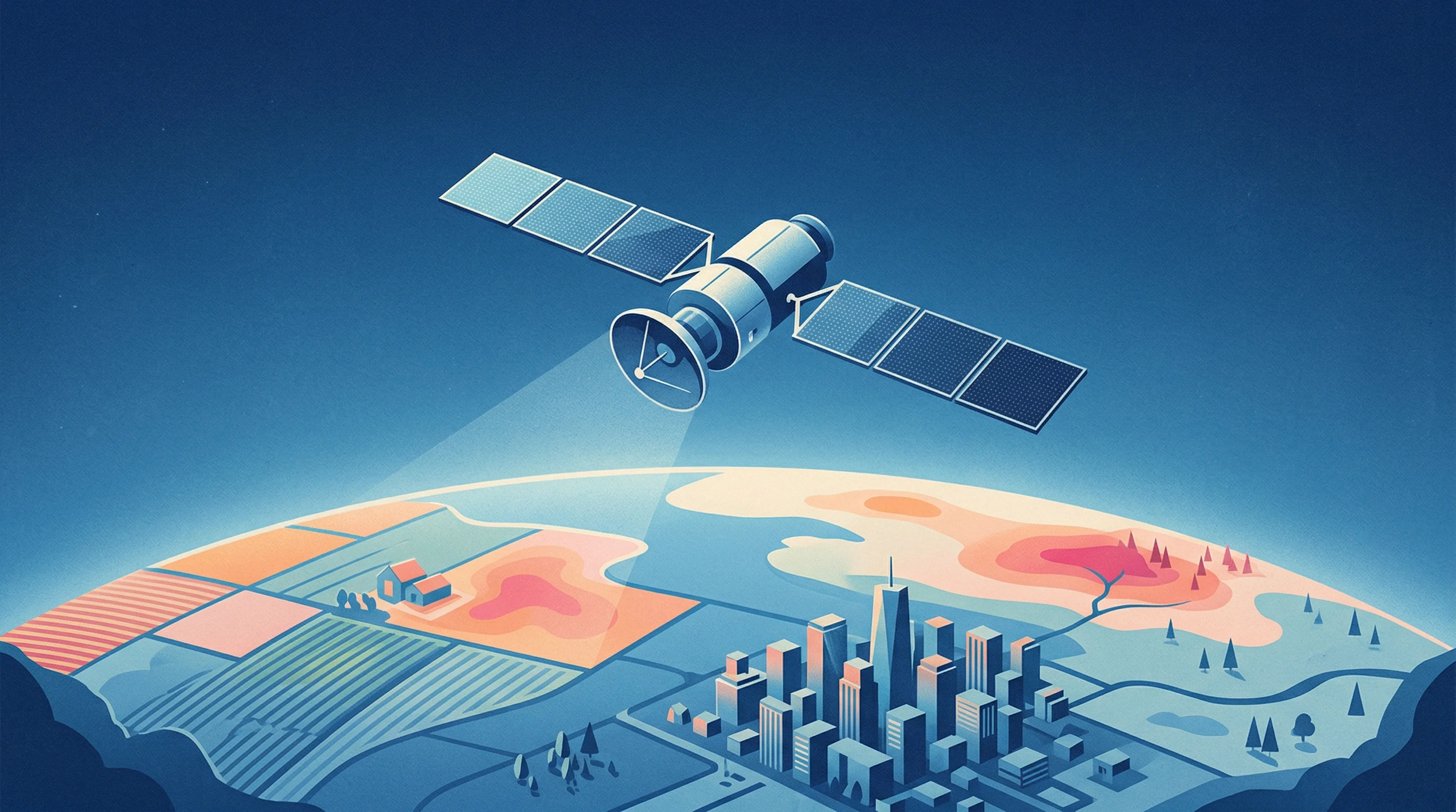 Digital illustration for article section "The Test Ahead" in "SatLeo Labs Raises $2.2M Seed for Thermal Satellite Climate Intel" - A sleek, modern conceptual satellite hovering in orbit above a beautifully minimalist, stylized Eart...
