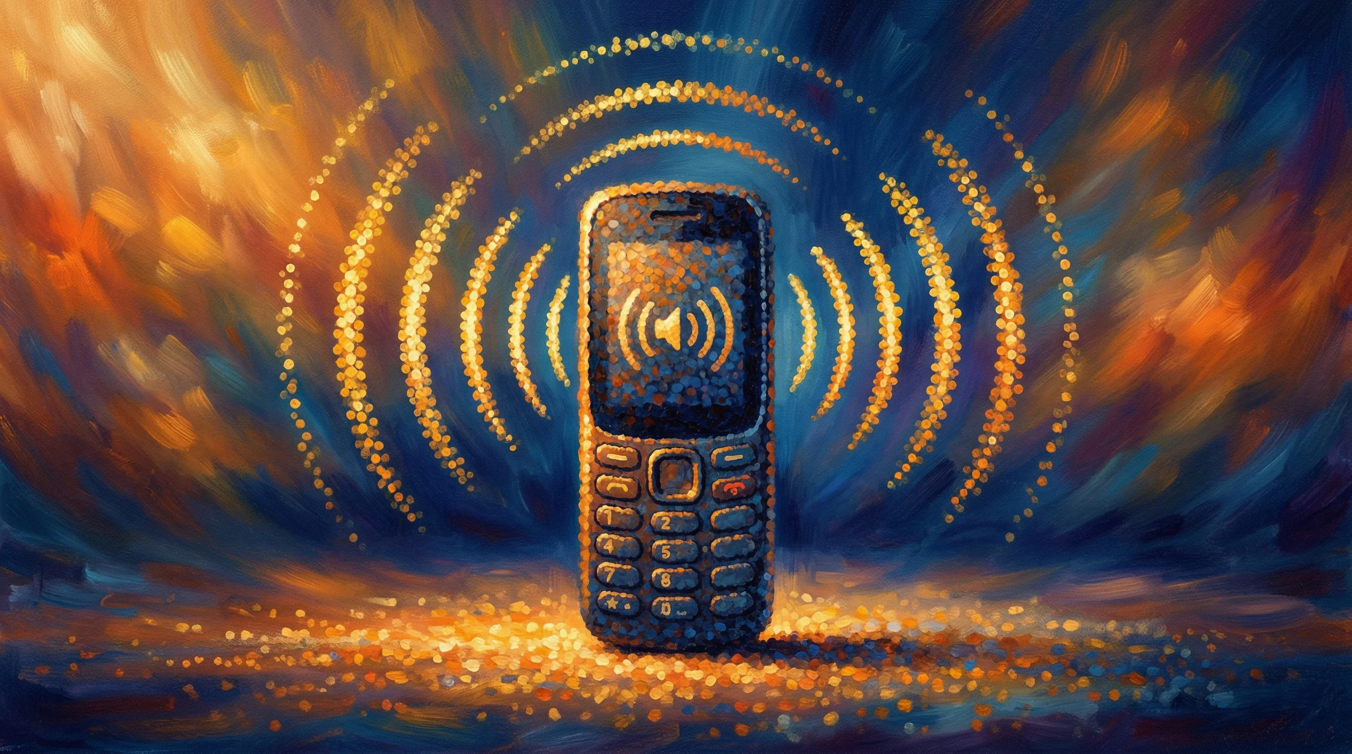 Digital illustration for article section "The Bigger Picture" in "India's Sarvam Launches Indus AI App to Challenge ChatGPT and Gemini" - A conceptual, minimalist representation of a classic feature phone resting centrally, emitting elega...