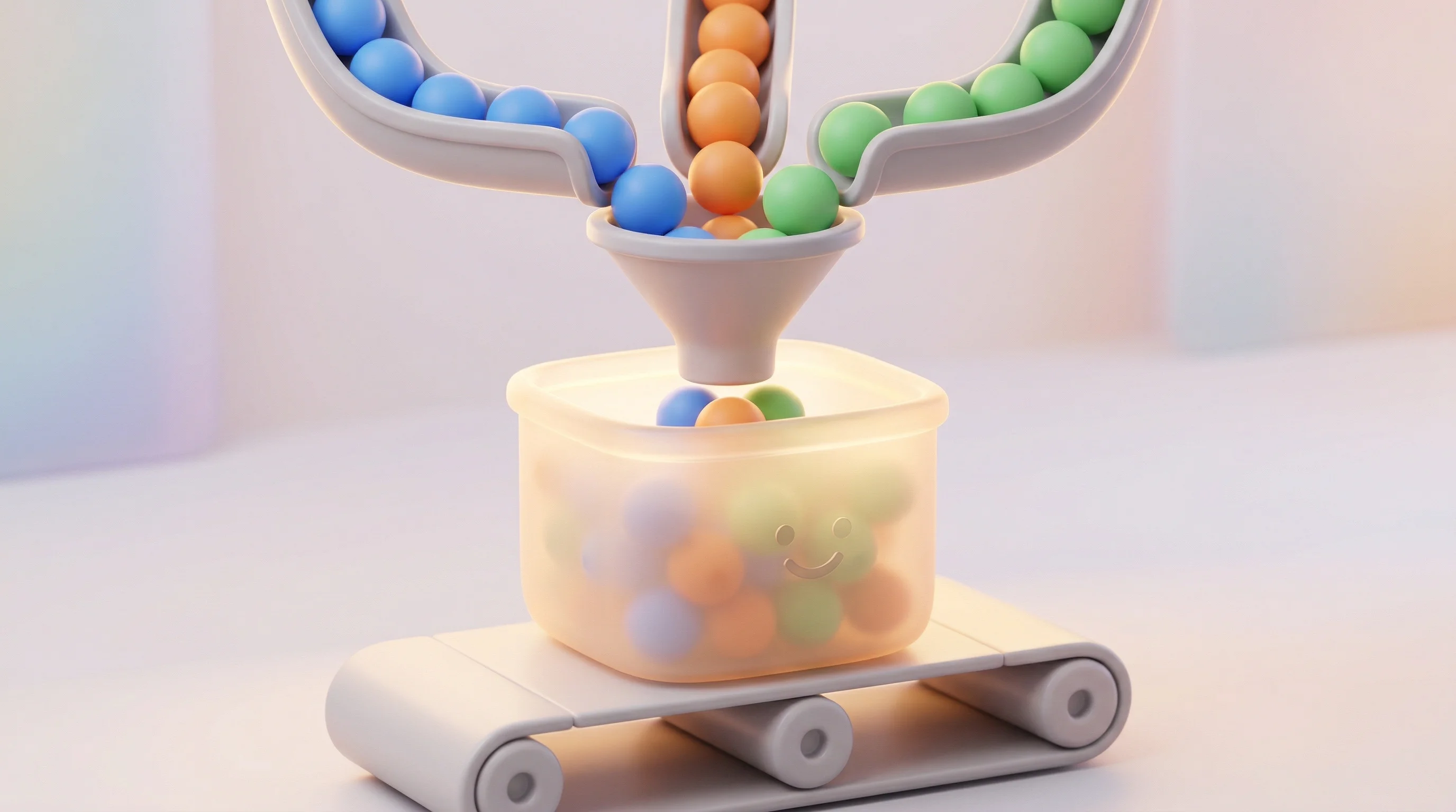 Digital illustration for article section "Synthetic Rollouts and Public Datasets" in "Nanocode Trains Claude Code Clone on TPUs for $200 After Source Leak" - A clean, minimal 3D rendered scene featuring a friendly, automated sorting station where three strea...