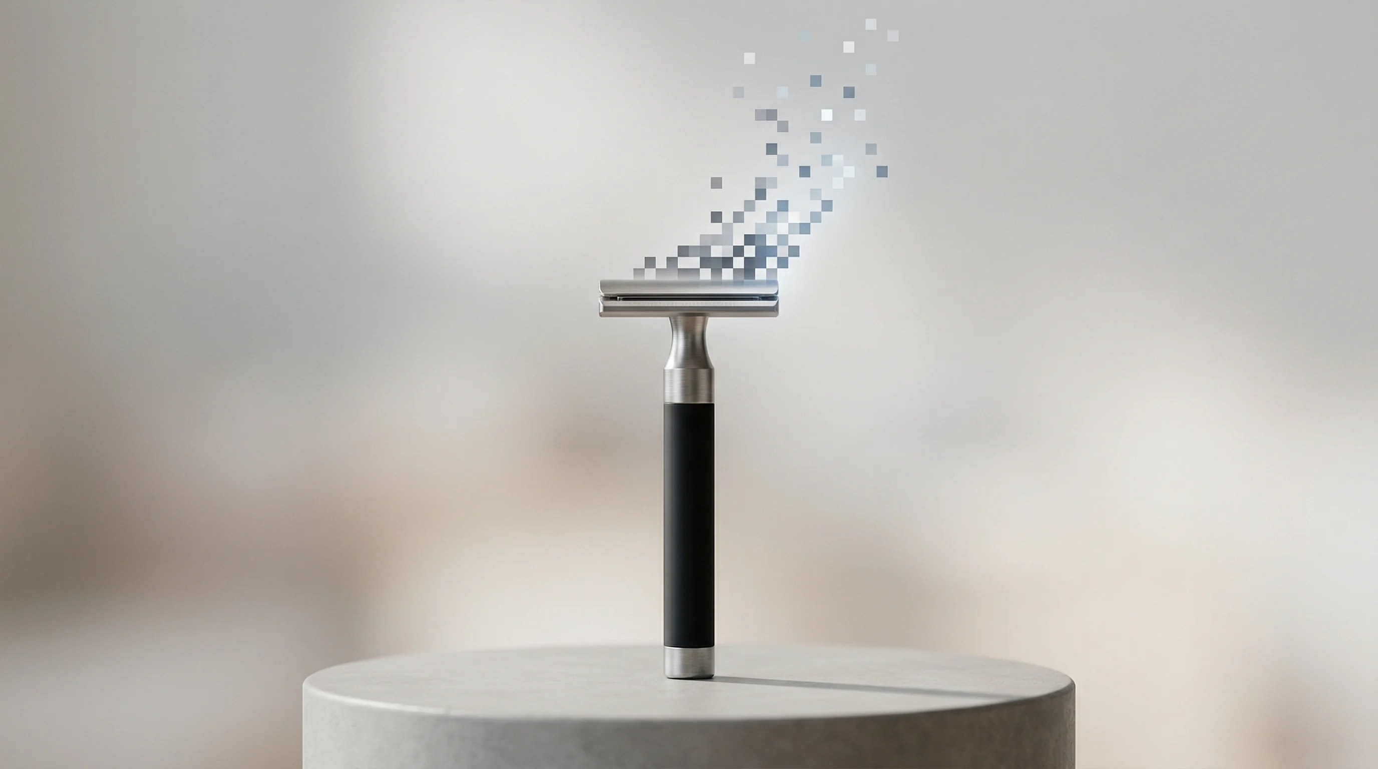 Digital illustration for article section "Case Studies in Structure" in "What 250 Startup Launch Videos Reveal About Founder Marketing" - A sleek, minimalist shaving razor standing upright on a smooth, uncluttered pedestal, symbolizing a ...