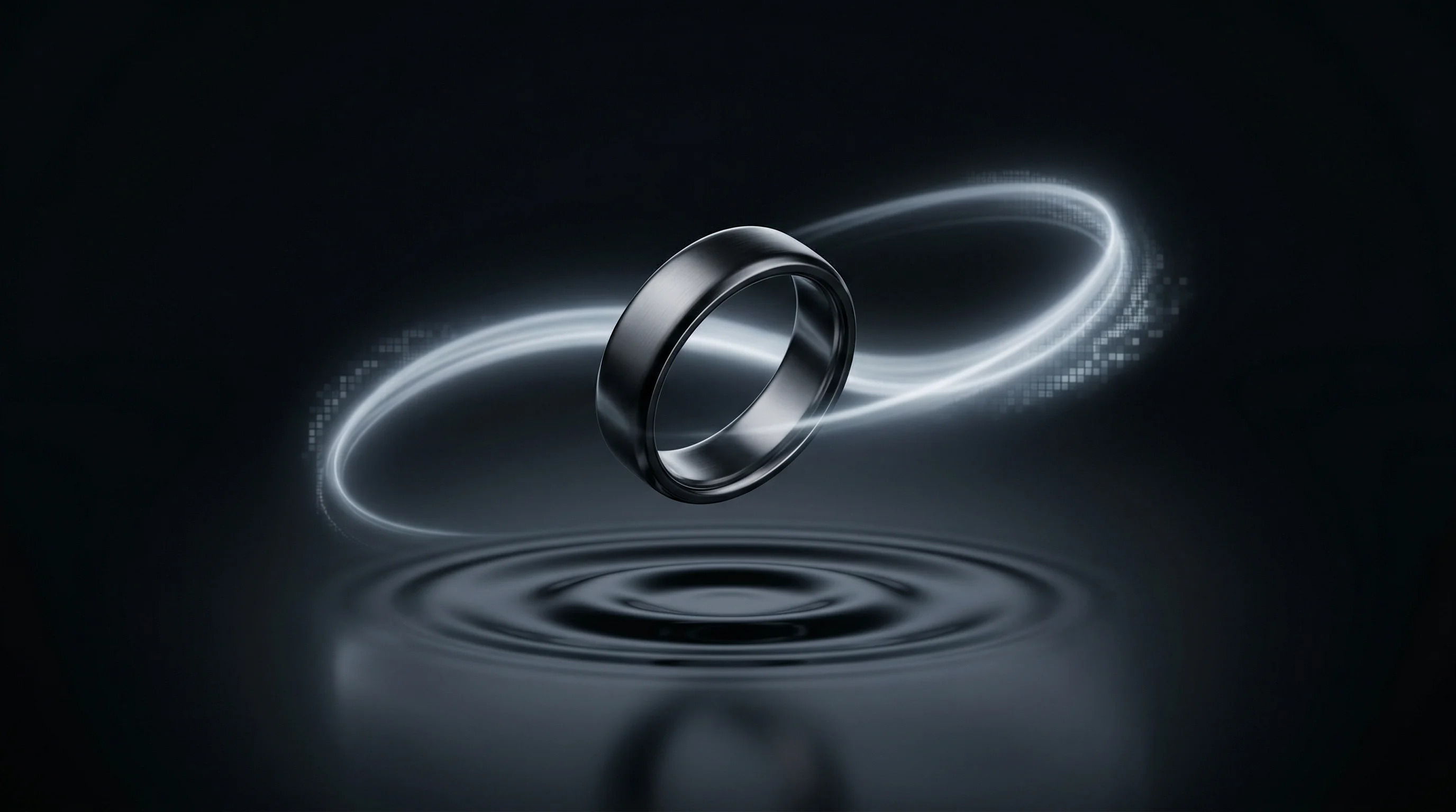 Digital illustration for article section "Swimming Against the Health-Tracking Tide" in "Muse Wearables Brings NFC Payments to Smart Rings via NPCI Partnership" - A sleek, minimalist smart ring floating gracefully above a smooth, dark surface, creating a single, ...
