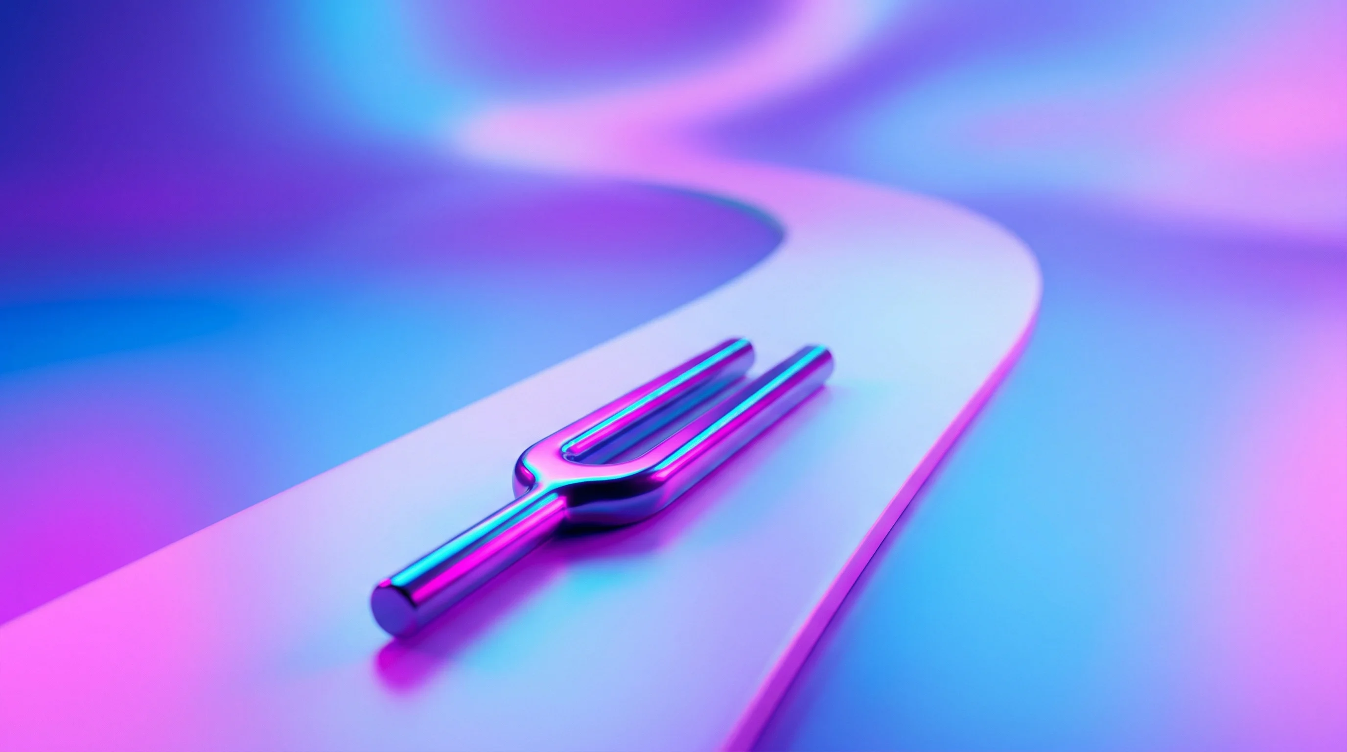 Digital illustration for article section "What Happens Next" in "Open-Source AI Turns Guitar Into Real-Time Counterpoint Machine" - A sleek, minimalist, abstract representation of a modern musical tuning fork resting at the beginnin...
