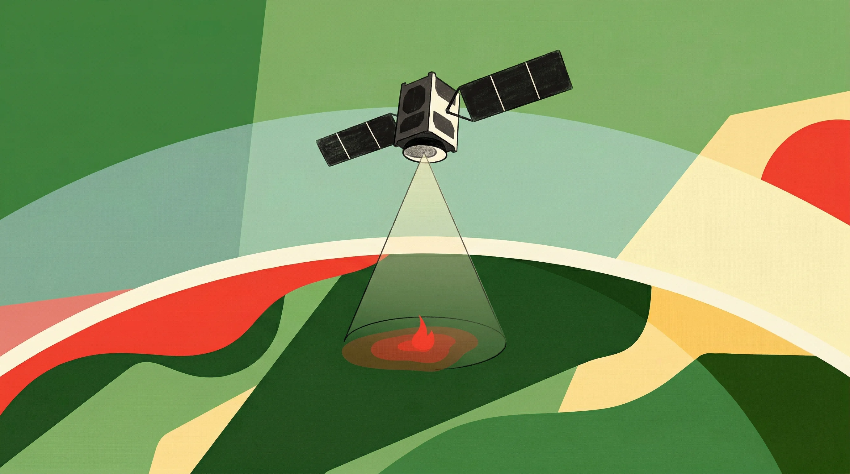 Digital illustration for article section "The Contenders" in "Space Startups Deploy AI to Monitor Climate Through Heat Signatures" - A sophisticated, warm minimalist illustration depicting a modern nanosatellite orbiting above a curv...