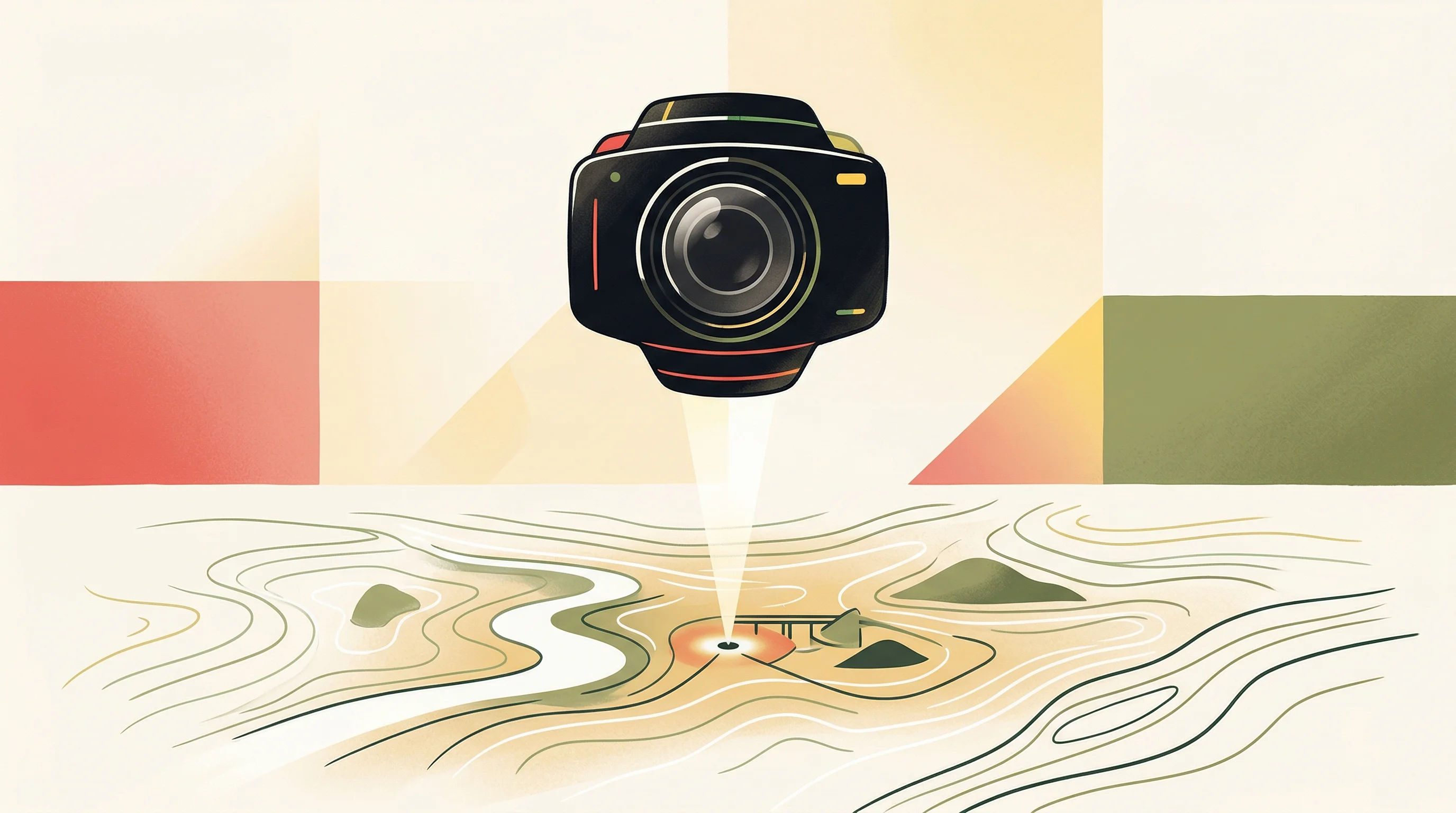Digital illustration for article section "What Wins?" in "Space Startups Deploy AI to Monitor Climate Through Heat Signatures" - A warm minimalist illustration of a sleek, modern observation lens hovering over a stylized topograp...