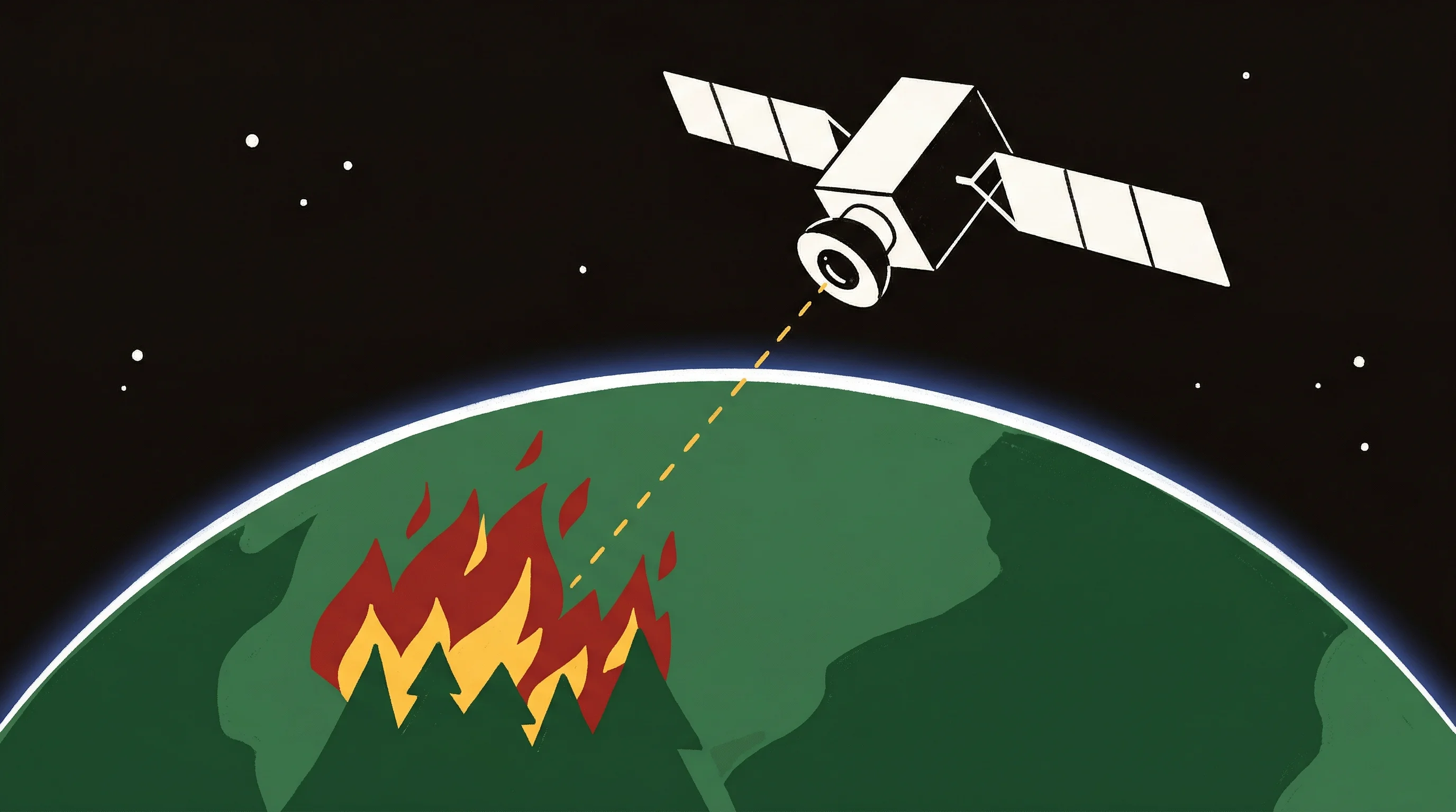Digital illustration for article section "The Bet" in "Space Startups Deploy AI to Monitor Climate Through Heat Signatures" - A minimalist illustration depicting a modern thermal satellite in orbit observing a stylized wildfir...