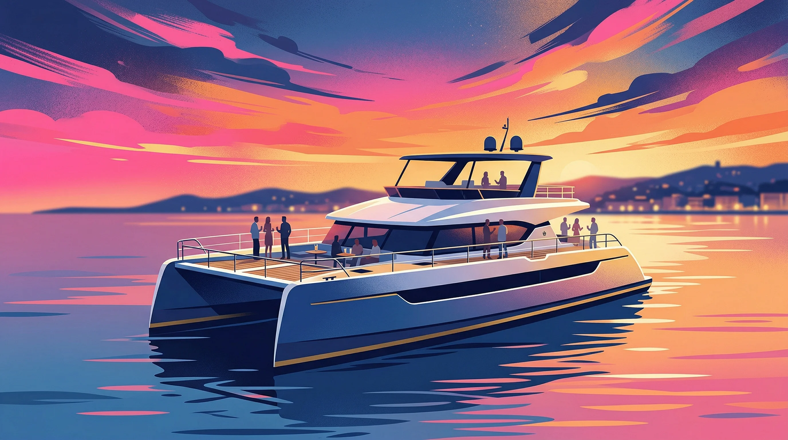 Digital illustration for article section "Institutional Whispers and Catamaran Parties" in "Tori Labs Secures Seed from Delphi to Bring TradFi Yields On-Chain" - A sleek, modern luxury catamaran sailing gracefully across calm Mediterranean waters at sunset, serv...