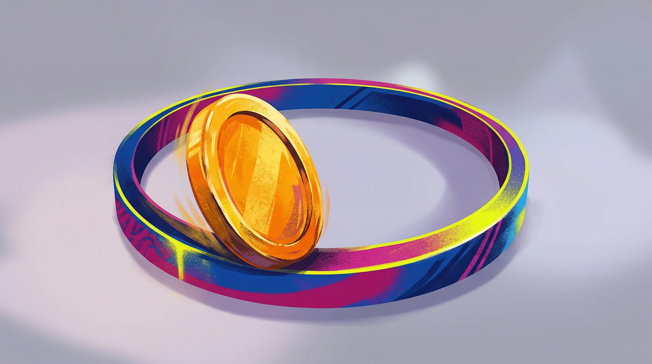 Digital illustration for article section "A Familiar Pattern" in "Tori Labs Secures Seed from Delphi to Bring TradFi Yields On-Chain" - A conceptual, modern illustration of a large, abstract golden token rolling along a continuous, loop...