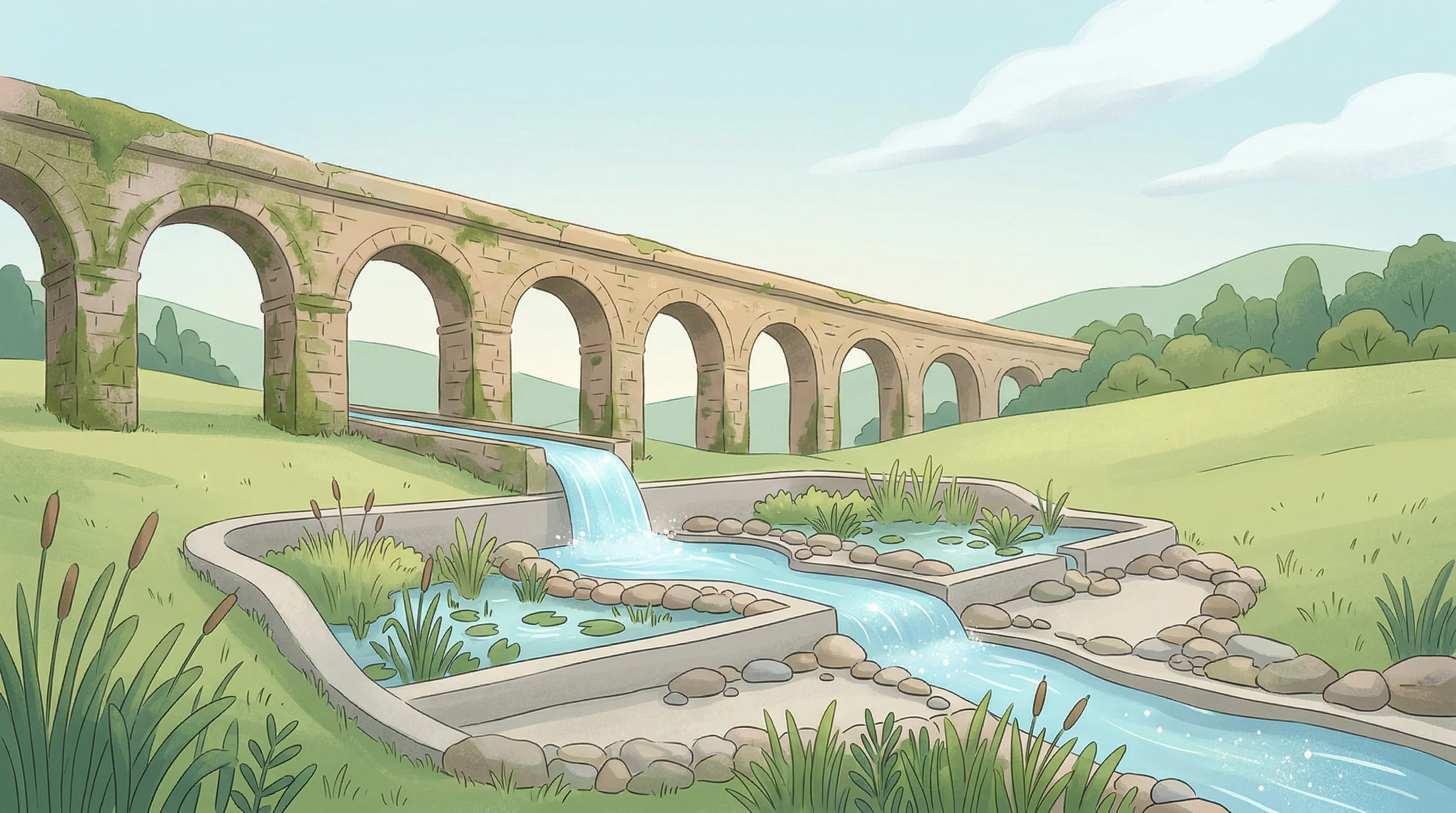 Digital illustration for article section "Why Now? Europe's Infrastructure Reckoning" in "Bamboo For Life Secures Seed Funding for Wastewater Treatment Tech" - A serene, minimalist illustration conceptualizing Europe's transition to modern wastewater infrastru...