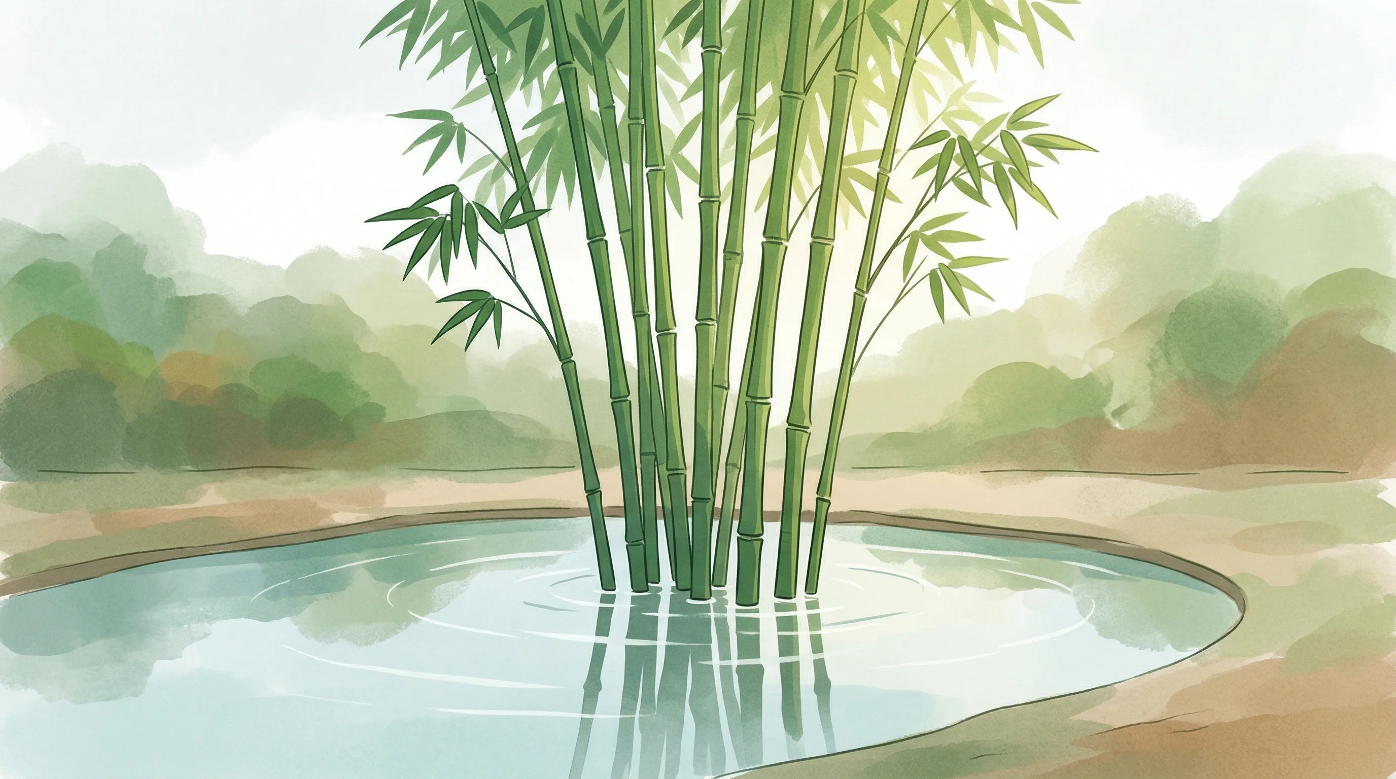 Digital illustration for article section "A Veteran's Second Act" in "Bamboo For Life Secures Seed Funding for Wastewater Treatment Tech" - A serene and minimalist illustration of vibrant green bamboo stalks growing elegantly from a crystal...