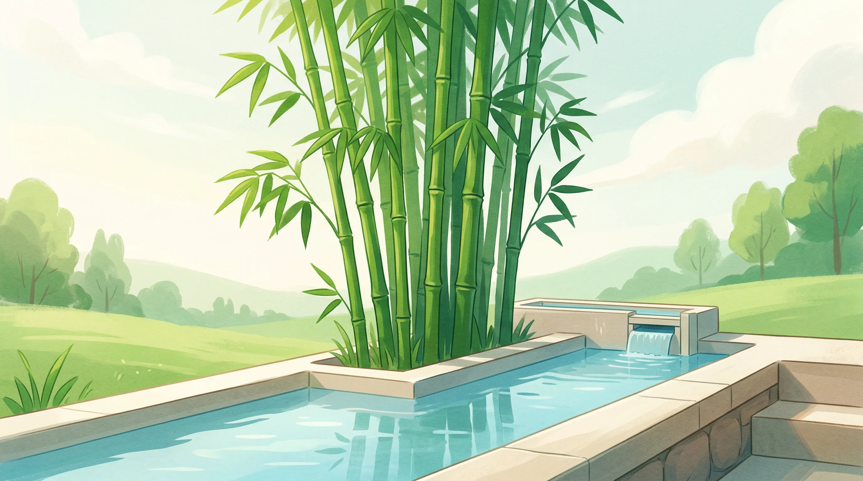 Digital illustration for article section "What Comes Next" in "Bamboo For Life Secures Seed Funding for Wastewater Treatment Tech" - A serene, minimalist conceptual illustration representing the expansion of green cleantech, featurin...