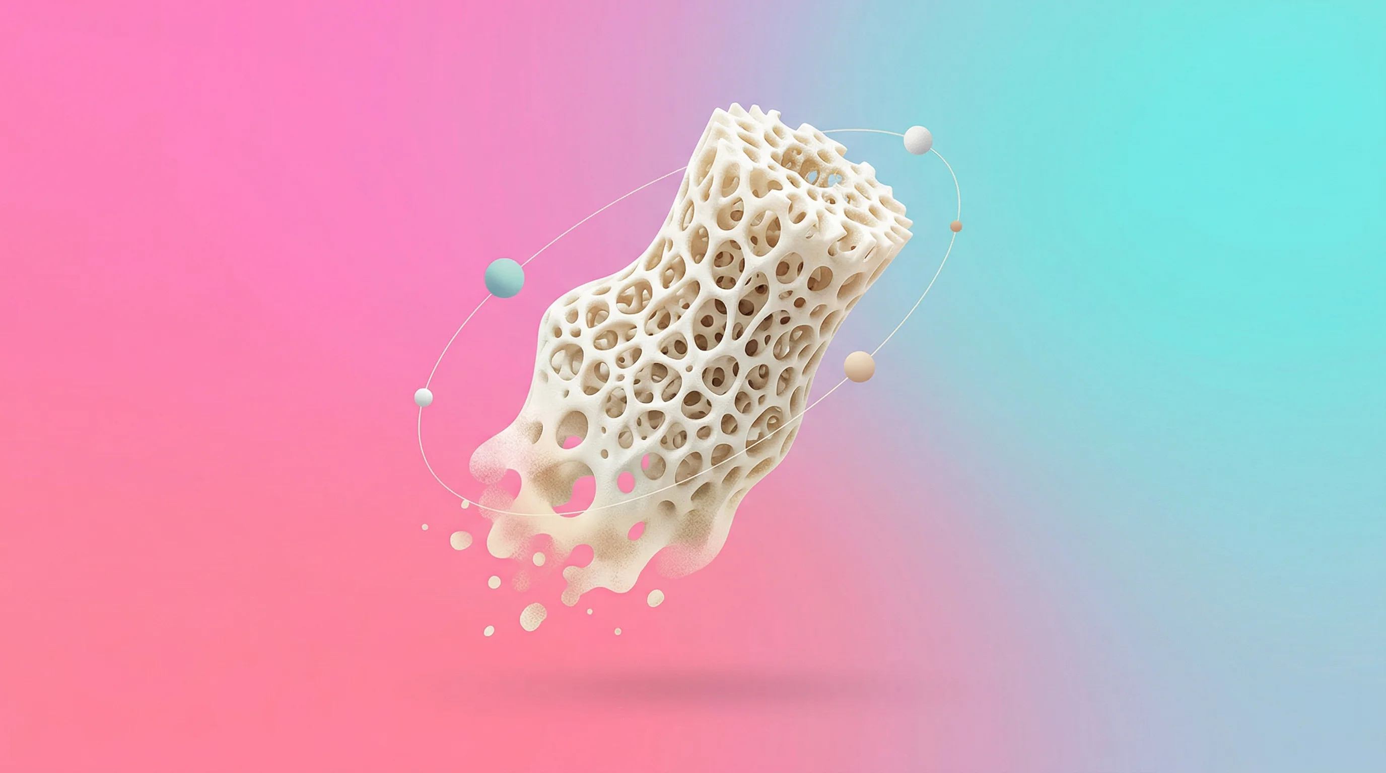 Digital illustration for article section "Custom Grafts, Faster Timelines (In Theory)" in "French Medtech KERVALION Raises €618K for 3D-Printed Bone Grafts" - A conceptual, modern editorial illustration featuring a single, stylized 3D-printed bio-polymer bone...