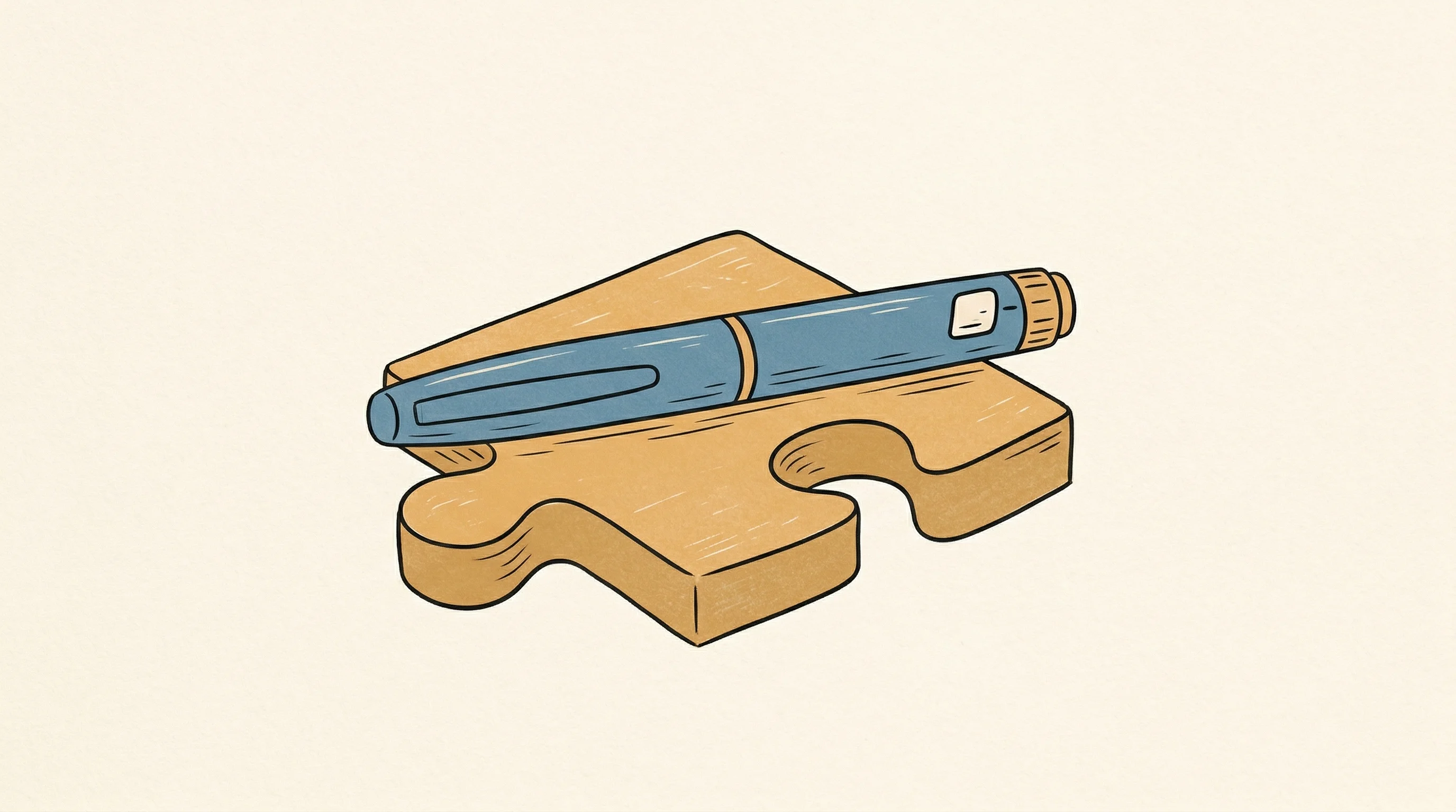 Digital illustration for article section "The Reimbursement Riddle" in "DiappyMed Raises €5M Seed for AI Diabetes Platform, Partners Sanofi" - A beautifully simplified, hand-drawn illustration of a modern insulin pen resting elegantly on a sin...