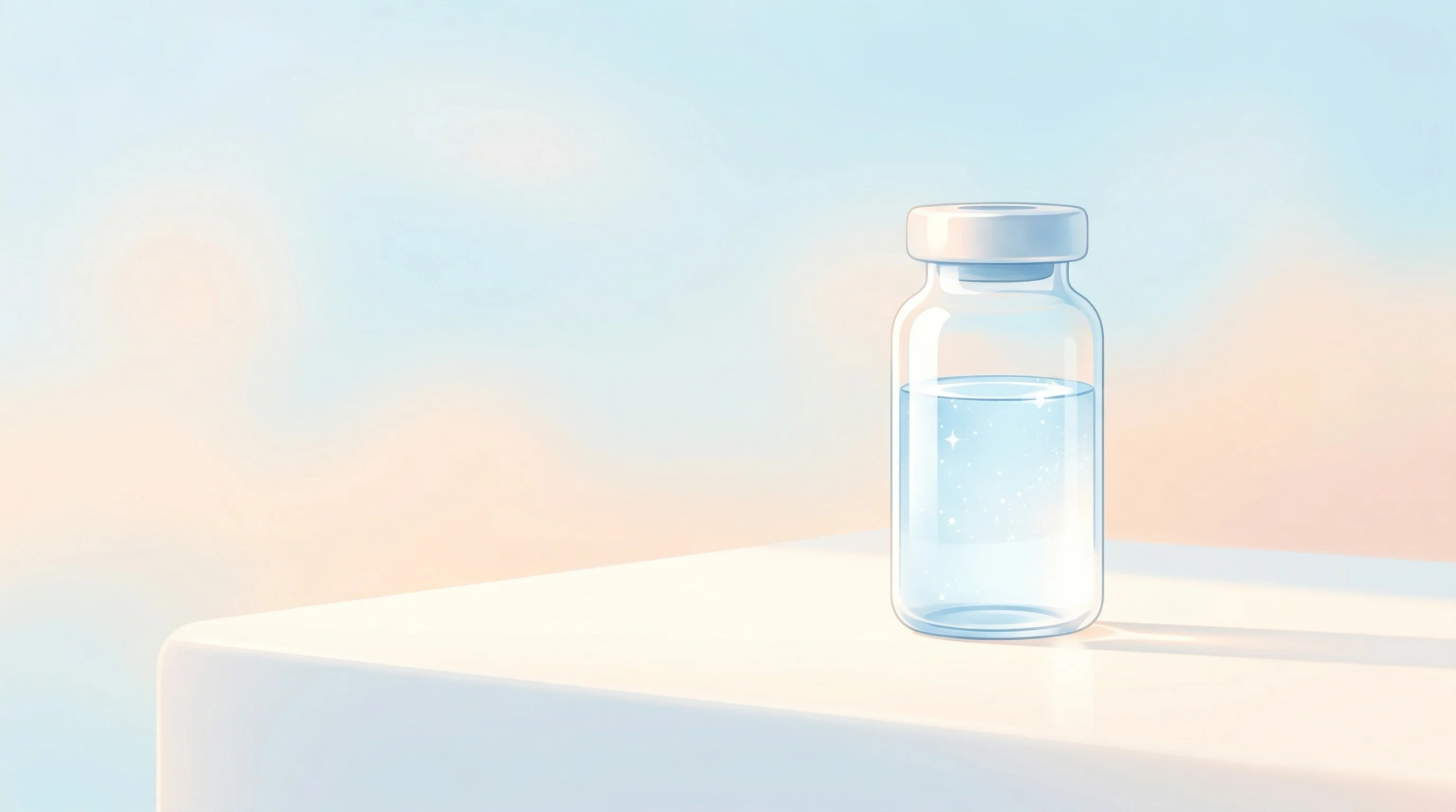 Digital illustration for article section "What Comes Next" in "Swaza Raises $400K for 'World's First' Nanofluid Breathing Aid" - A minimalist, modern medical vial containing a crystalline, bright fluid representing portable emerg...