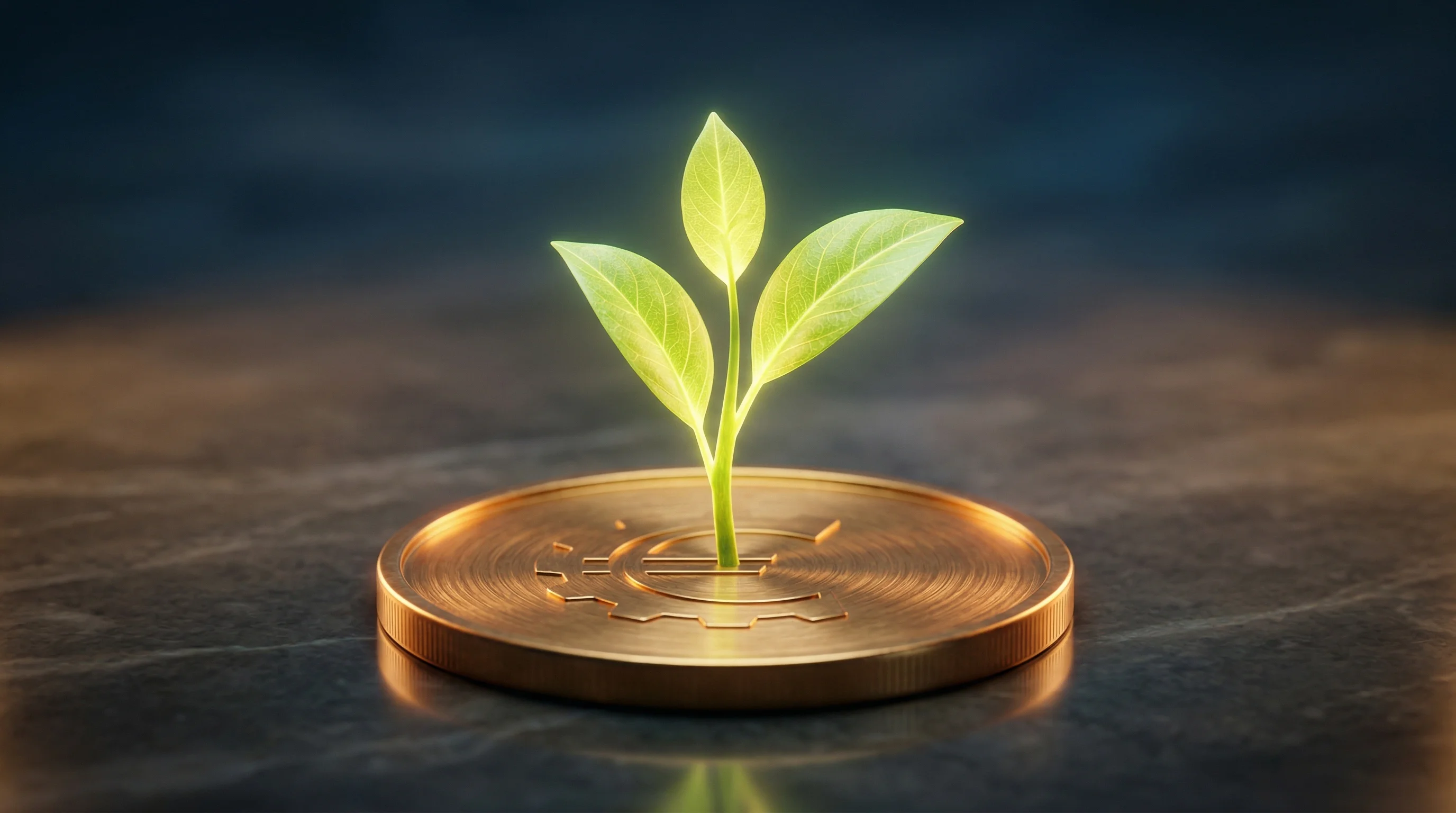 Digital illustration for article section "A Regional Fund Makes a Calculated Bet" in "SCorp-io Raises €5M to Automate Building Energy Management with AI" - A highly detailed, hyperreal 3D animated rendering of a single, beautifully crafted golden coin feat...