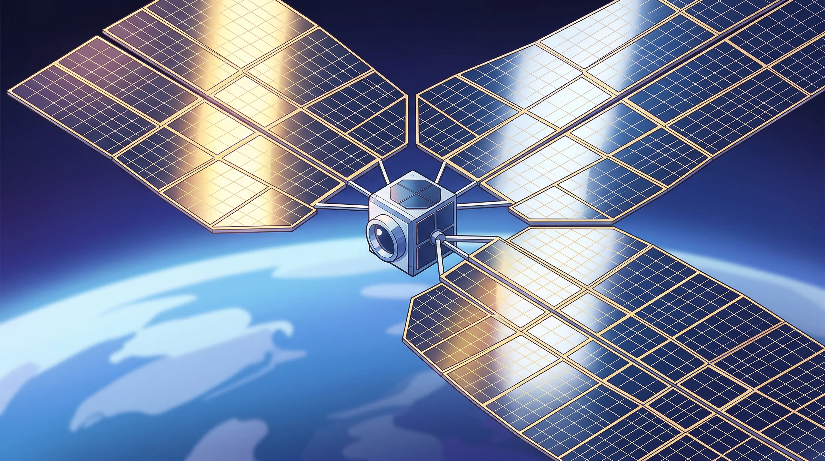 Digital illustration for article section "Infrastructure Bets That Barely Mention AI" in "8 AI Startups Draw Top VC Interest at YC Winter 2026 Demo Day" - A visually striking, top-down isometric view of a massive, unfolding solar array in Earth's orbit, c...