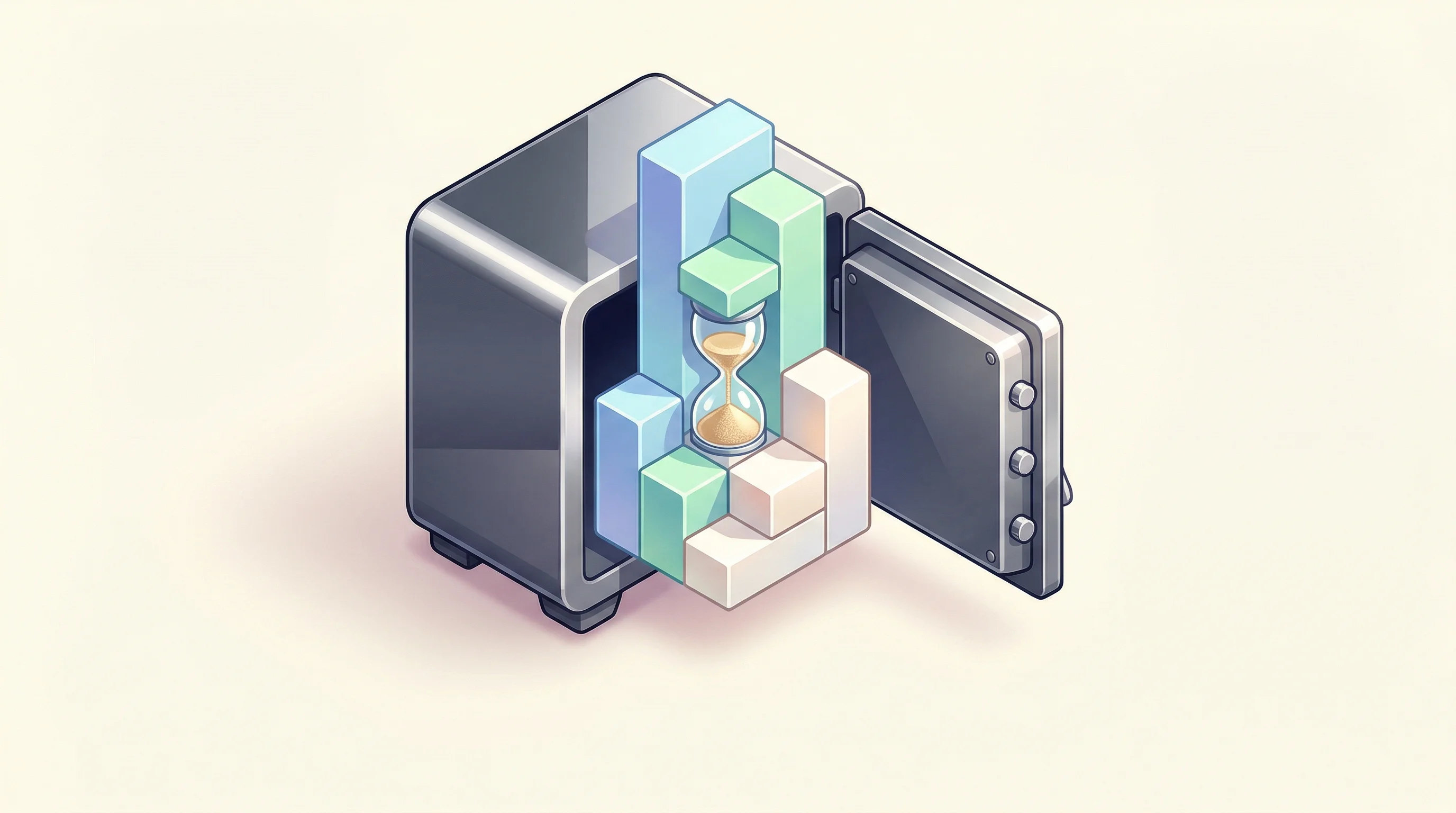 Digital illustration for article section "What Half a Million Dollars Buys You" in "8 AI Startups Draw Top VC Interest at YC Winter 2026 Demo Day" - A clean, minimalist isometric top-down view of a sleek, modern open safe resting on a soft, unclutte...
