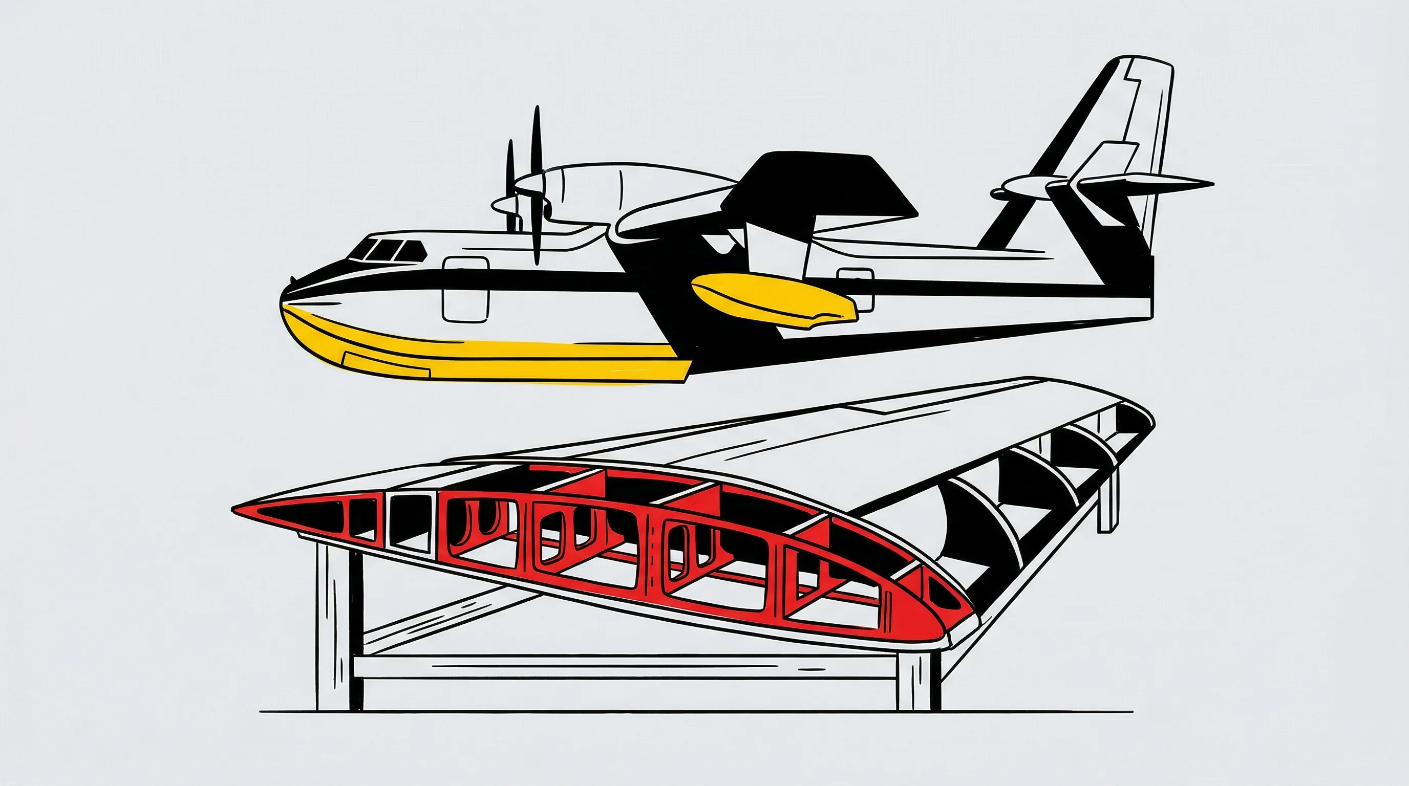 Digital illustration for article section "What HYNAERO Is Up Against" in "HYNAERO Raises €117M to Build Next-Gen Wildfire Fighting Aircraft" - A minimalist, modern conceptual illustration of a massive amphibious water bomber aircraft and a lar...