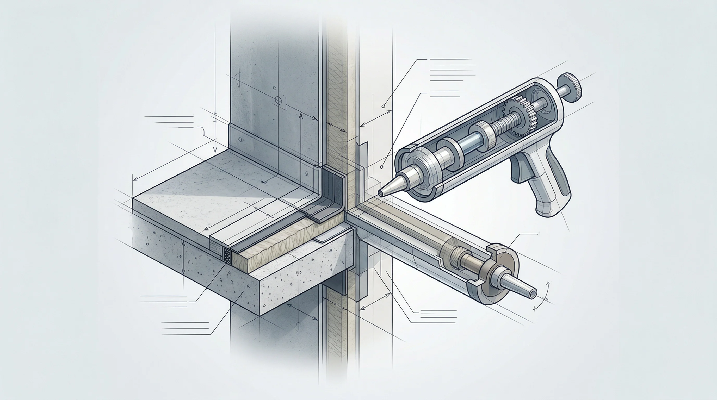 Digital illustration for article section "Traction Across Continents (and Use Cases)" in "CONXAI Lands €5M to Scale Agentic AI Platform for Construction" - A clean, minimalist conceptual representation of a modern architectural firestop wall joint and indu...
