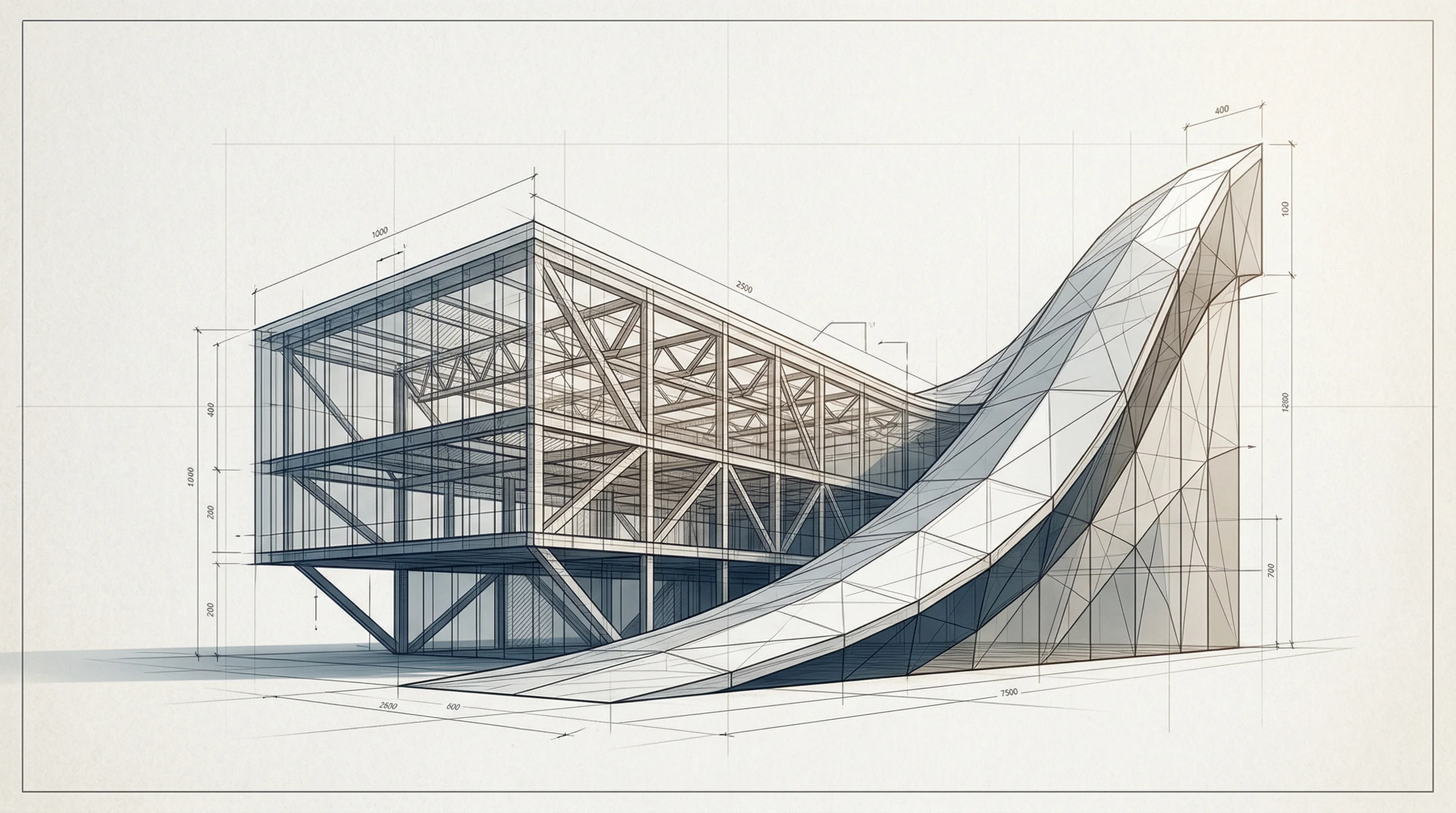Digital illustration for article section "Riding (or Creating) a Wave" in "CONXAI Lands €5M to Scale Agentic AI Platform for Construction" - A clean, minimal composition featuring a sleek, modern architectural structure emerging fluidly from...