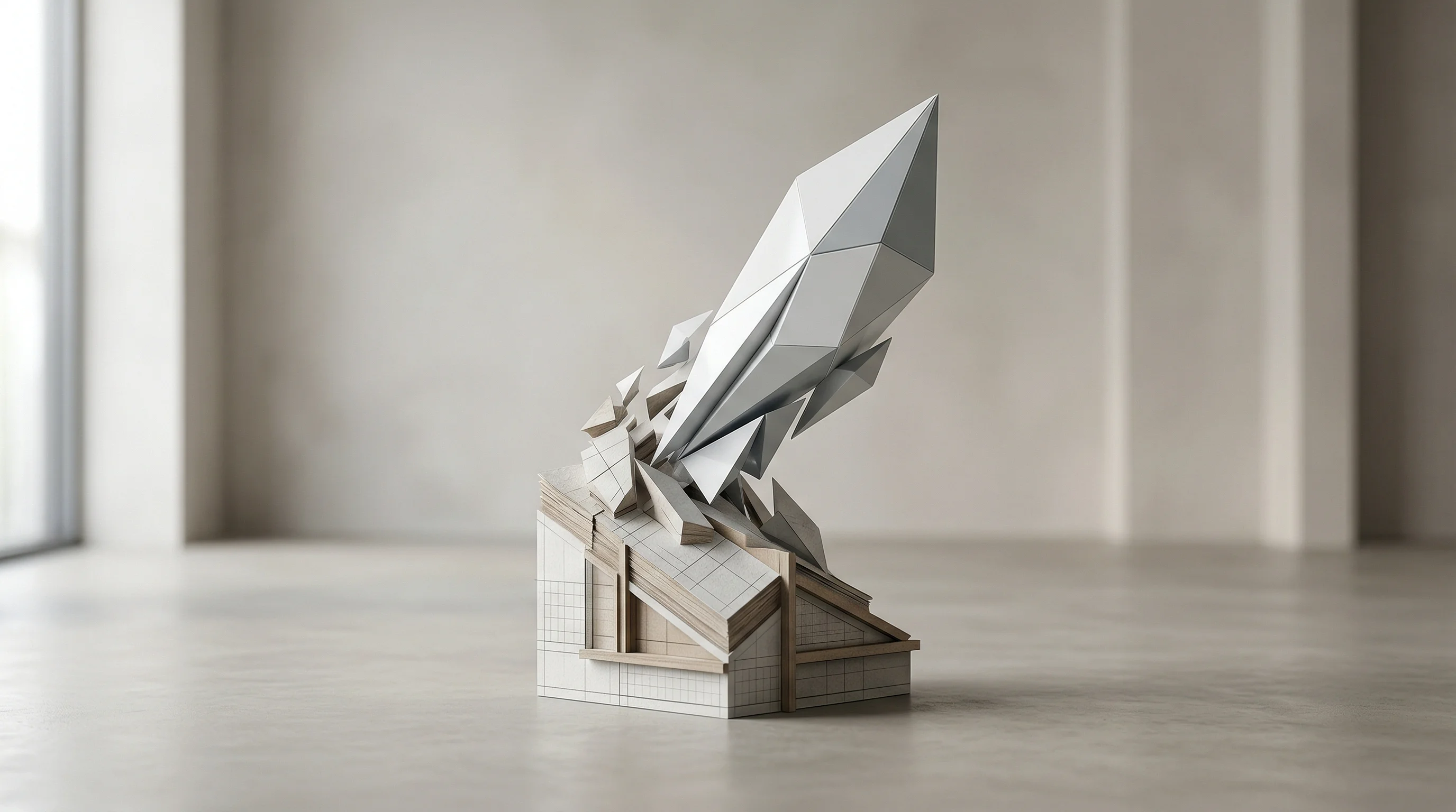 Digital illustration for article section "The Pivot From Design Tools to Strategic AI" in "Rocket 1.0 Expands AI Coding with Strategy and Market Intelligence" - A minimalist, conceptual visual representing a strategic pivot and transformation from traditional d...