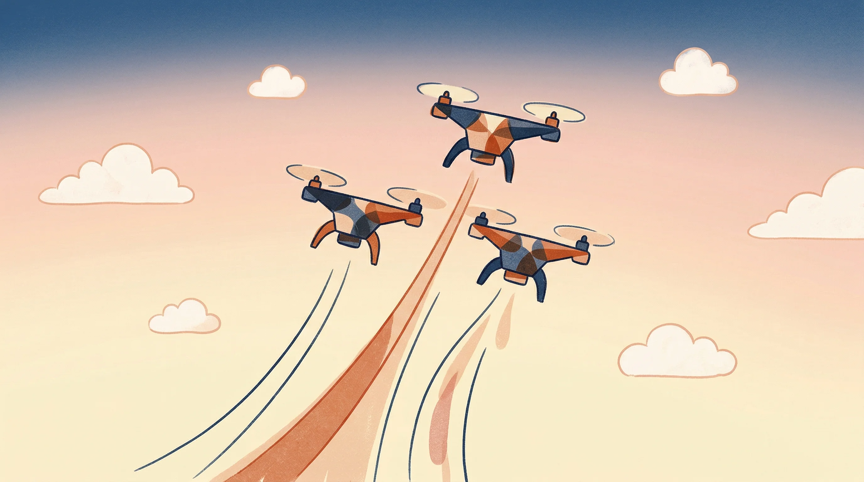Digital illustration for article section "Partnership velocity picks up" in "AirHub's Unverified $5.1M Claim Highlights Drone Ops Market Gap" - Three stylized, minimalist drones flying in a tight, upward, synchronized formation through a soft, ...