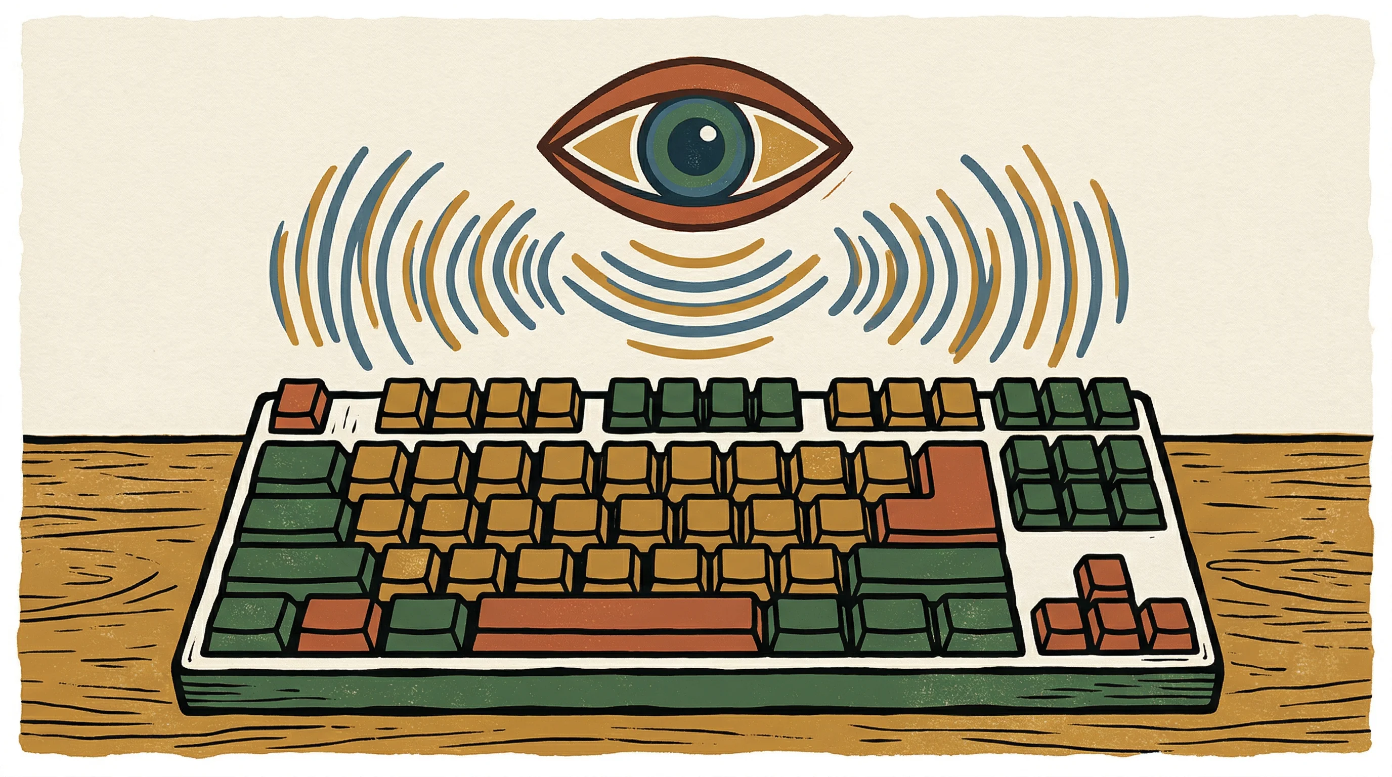 Digital illustration for article section "What Comes Next" in "Why Startup Founders Are Ditching Keyboards for Voice & Vision AI" - A conceptual, minimalist illustration of a sleek computer keyboard resting beneath abstract, gentle ...