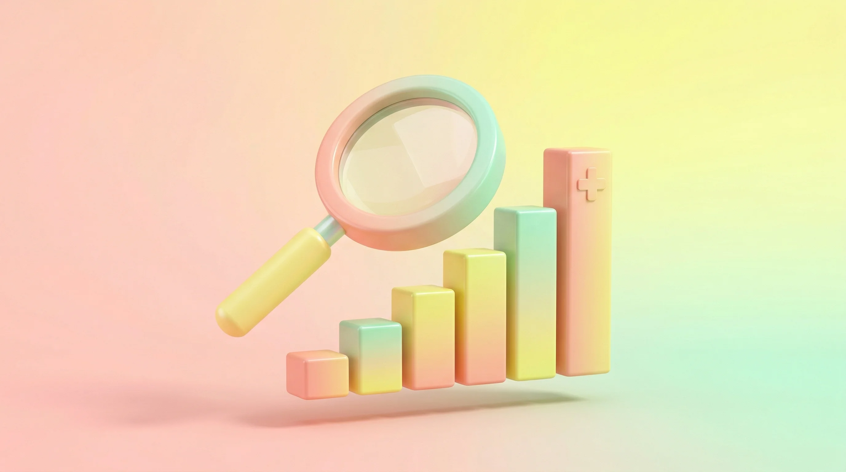 Digital illustration for article section "Scaling in a Skeptical Market" in "AHA Ventures' First Investment: Neura Health's $11.4M Series A" - A clean, minimalist 3D rendering of a stylized, smooth magnifying glass hovering over an upward-tren...