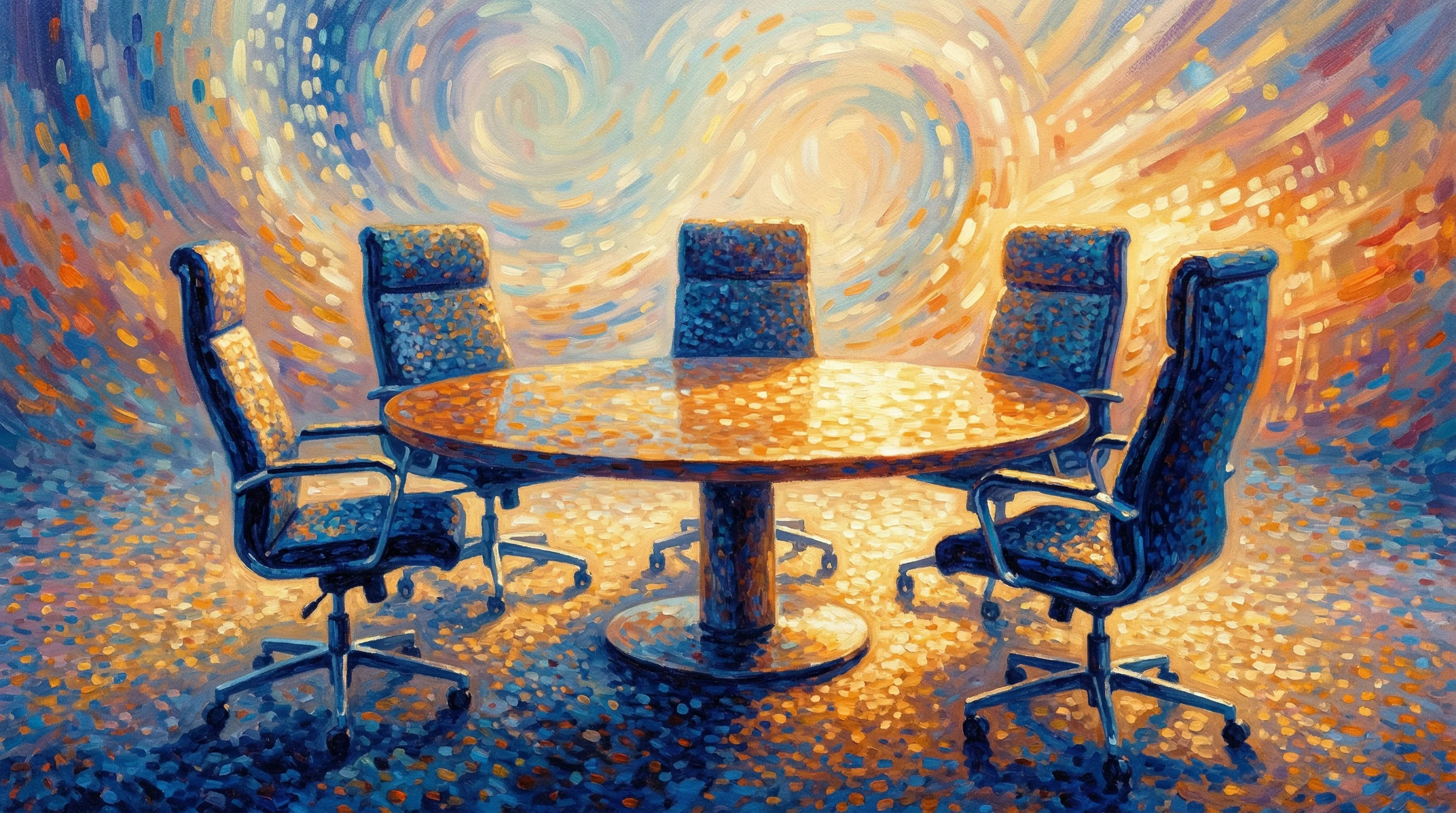Digital illustration for article section "Content Section 3" in "New AI Tool Pits 6 Critics Against Startup Ideas in 15-Minute Tests" - A conceptual, minimalist representation of a modern corporate boardroom featuring exactly five sleek...