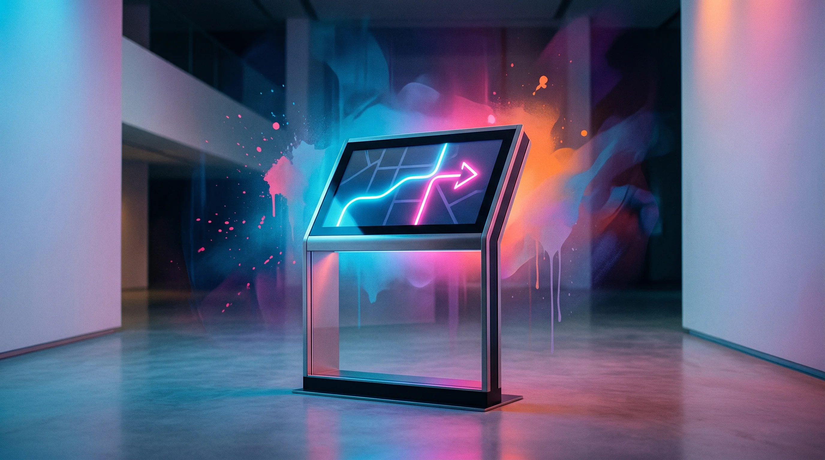Digital illustration for article section "The Pivot Nobody Planned" in "Mappedin Raises $24.5M as Indoor Mapping Meets Public Safety Mandates" - A sleek, modern freestanding wayfinding kiosk stands centrally in a clean, minimalist space, its smo...
