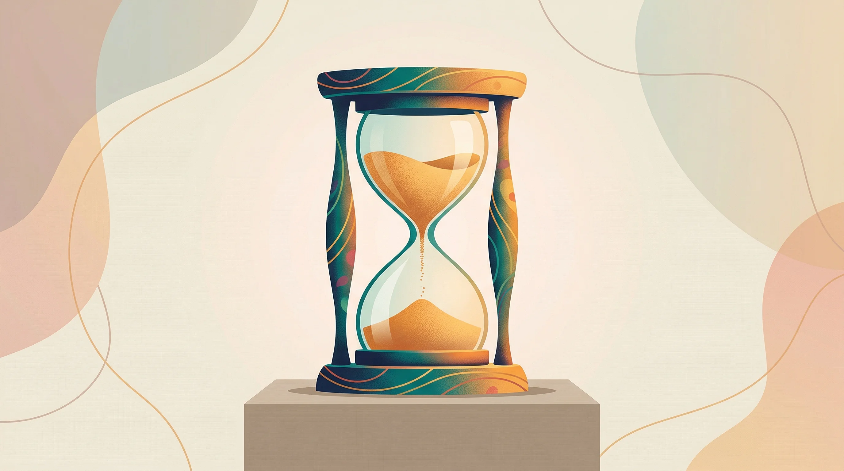 Digital illustration for article section "The Waiting Game" in "StrikeRates Launches Free Platform to Demystify Startup Equity Markets" - A clean, minimal, and highly stylized illustration of an elegant modern hourglass resting perfectly ...