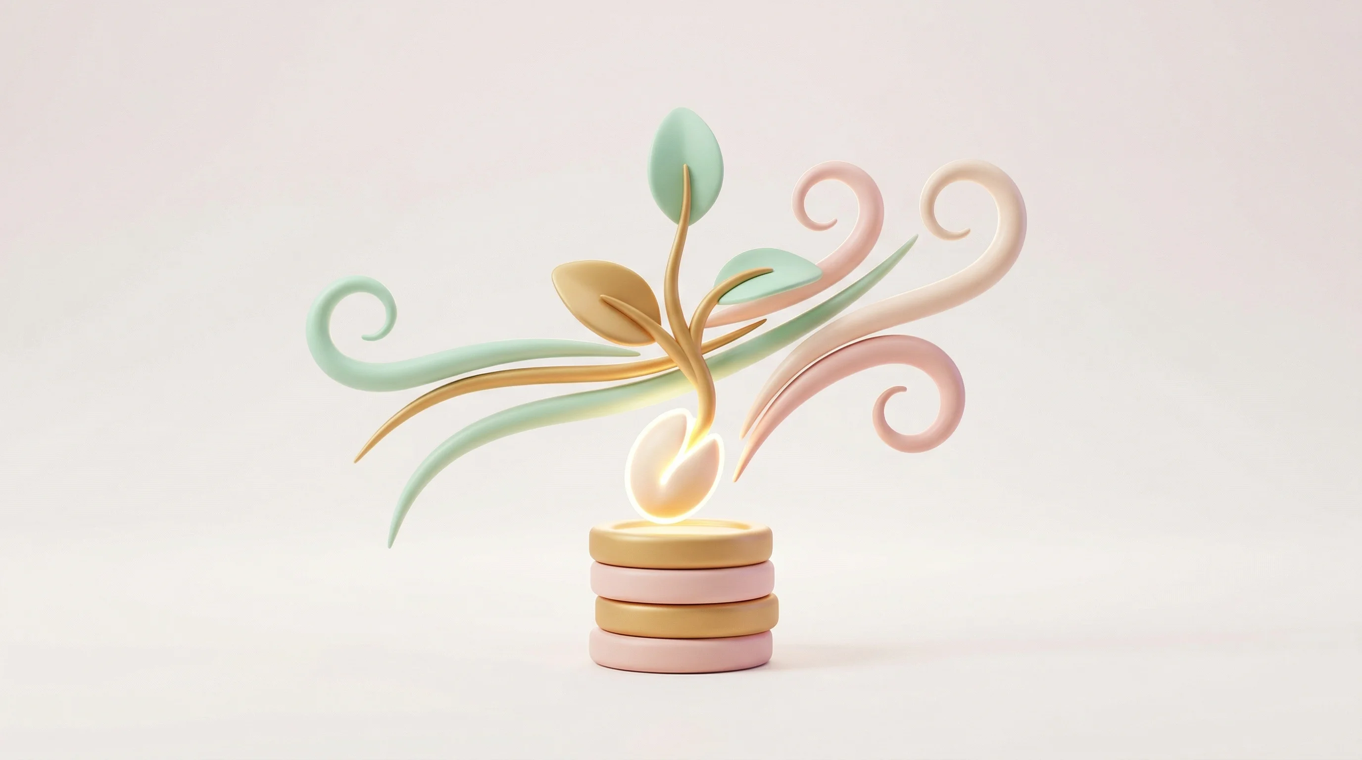 Digital illustration for article section "Converging Tailwinds" in "Women-Led Indian Startups Raise $350M, Defying Market Slump" - A clean, minimal 3D composition conceptually representing converging financial tailwinds and seed fu...