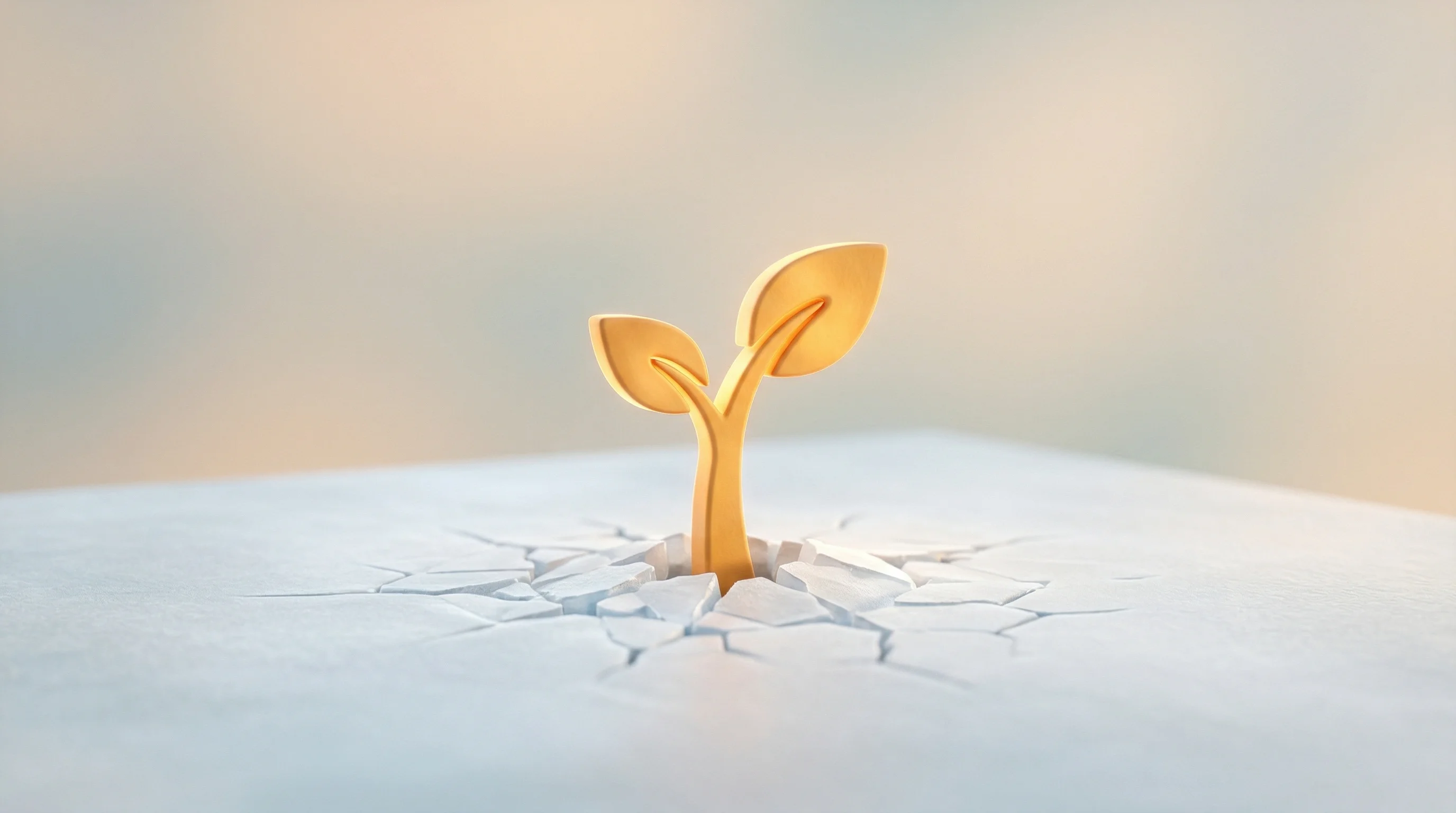 Digital illustration for article section "The Real Test Ahead" in "Women-Led Indian Startups Raise $350M, Defying Market Slump" - A minimalist, conceptual 3D scene representing early-stage startup growth breaking through a frozen ...