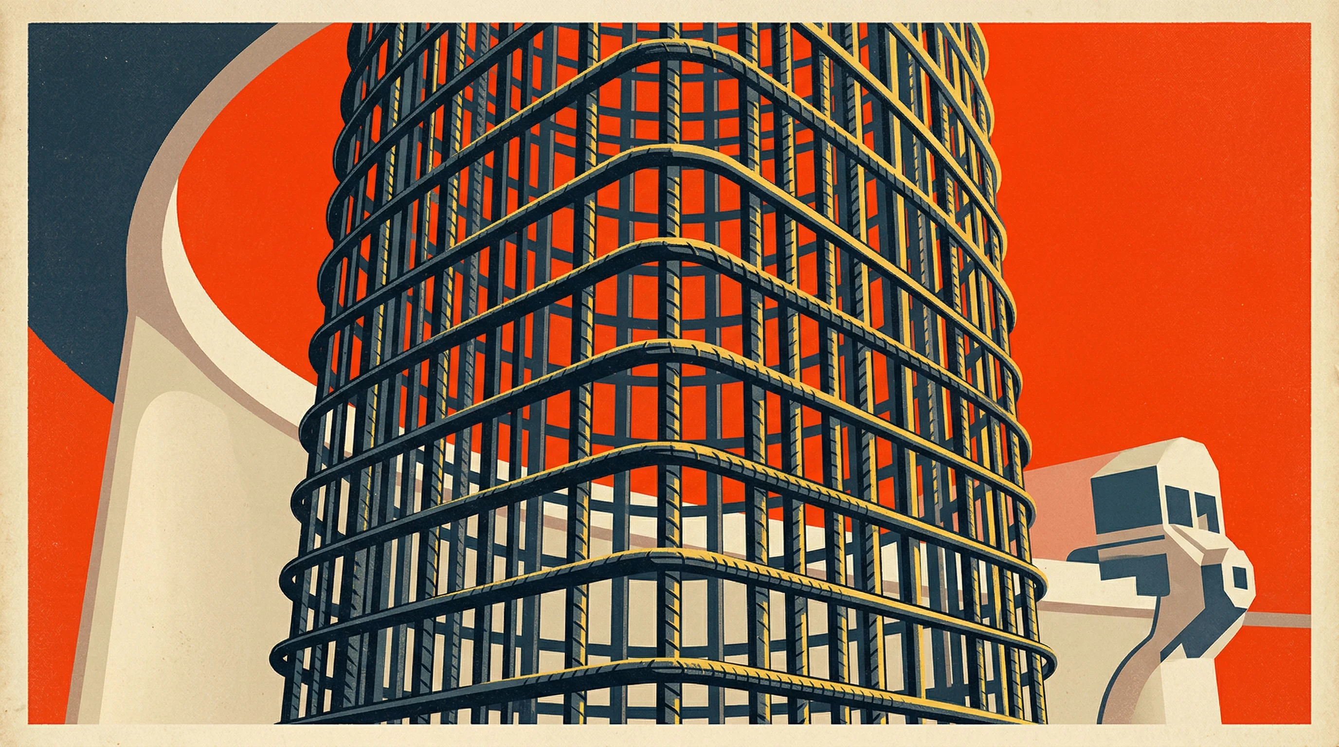 Digital illustration for article section "Tunnels, Ties, and Traction" in "MESH Raises $3.8M Seed for Robotic Rebar Construction Tech" - A striking, minimalist illustration of a massive, geometric steel reinforcement cage used for tunnel...