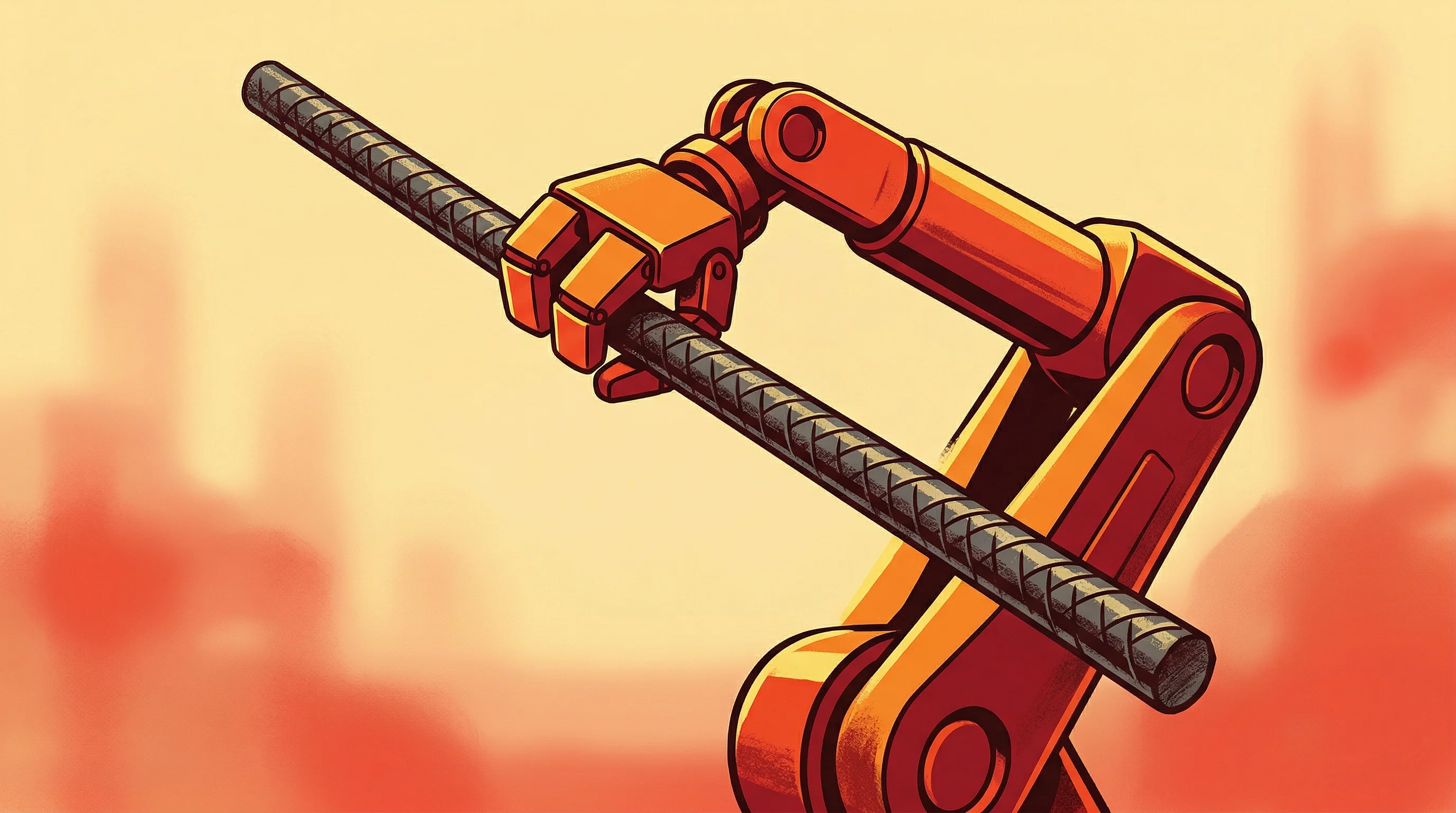 Digital illustration for article section "Labor Gaps and Market Momentum" in "MESH Raises $3.8M Seed for Robotic Rebar Construction Tech" - A clean and minimal conceptual illustration of a sleek, modern robotic arm effortlessly lifting a he...