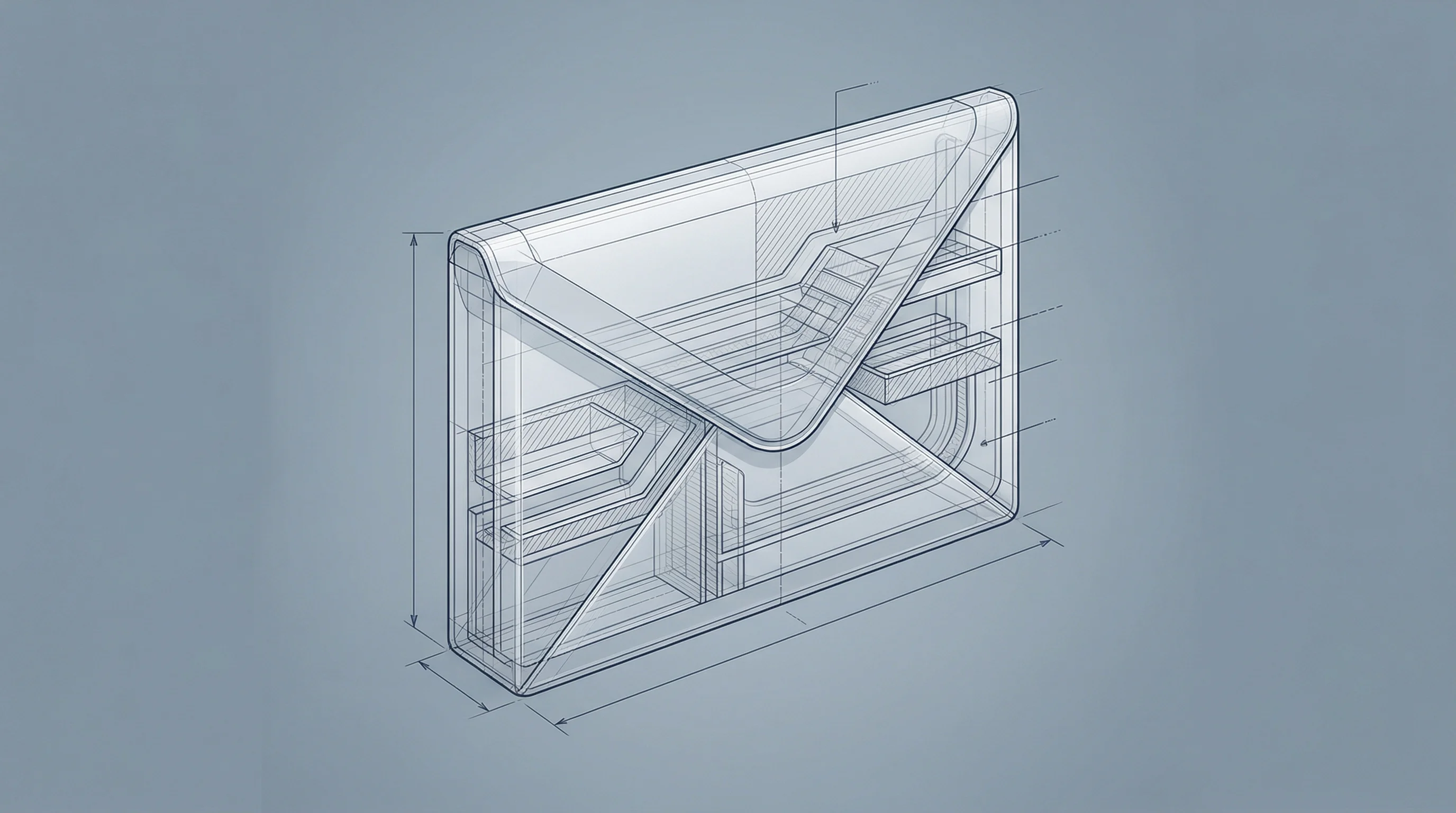 Digital illustration for article section "A Crowded, Expensive Market" in "Avec Launches AI Email App That Handles Gmail in Seconds" - A clean, minimalist technical blueprint of a premium, modern email inbox or sleek conceptual envelop...