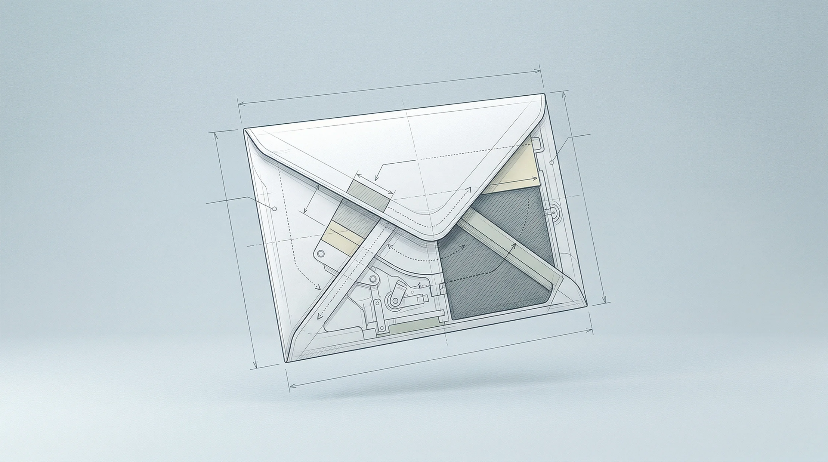 Digital illustration for article section "A Quiet Bet" in "Avec Launches AI Email App That Handles Gmail in Seconds" - A clean, minimalist conceptual image of a single, modern email envelope suspended in mid-air, repres...