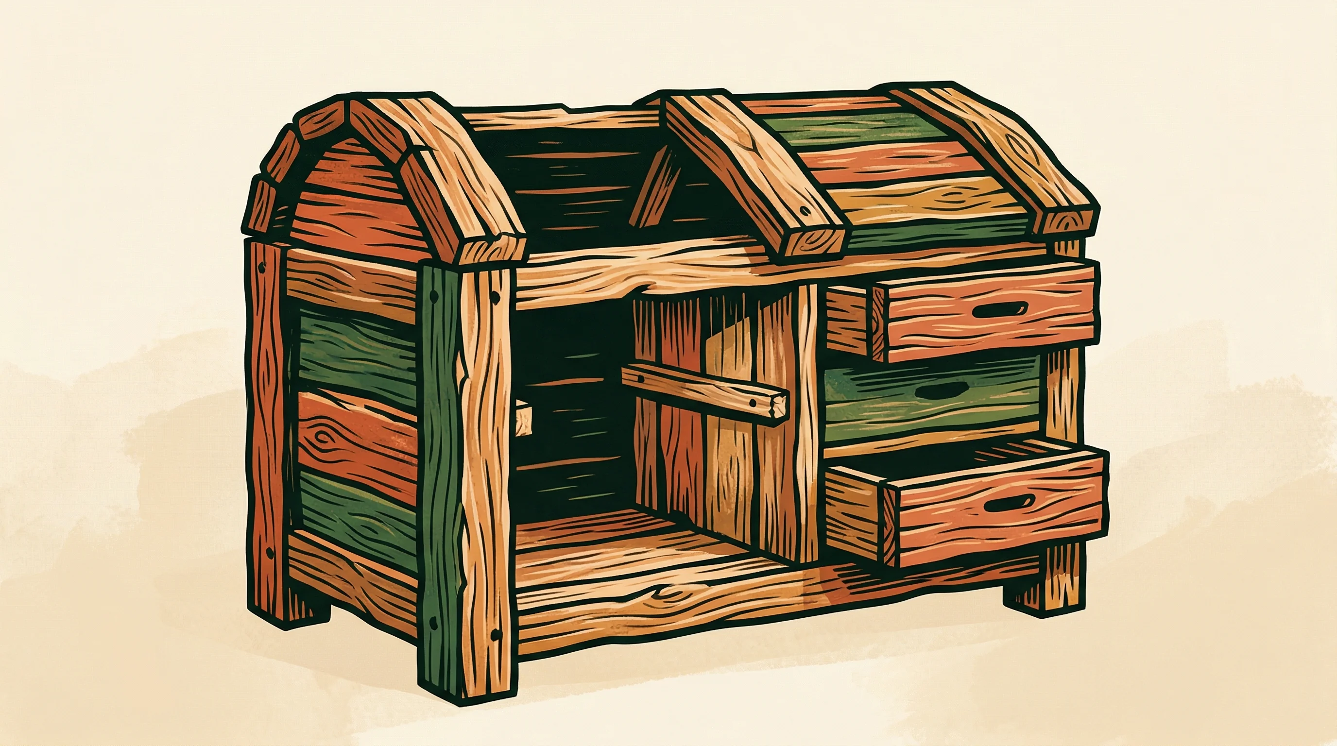 Digital illustration for article section "The Feature Gap" in "Locker.dev: Open-Source Dropbox Built on S3 in One Week" - A conceptual illustration of a partially constructed wooden storage chest with a prominent empty com...