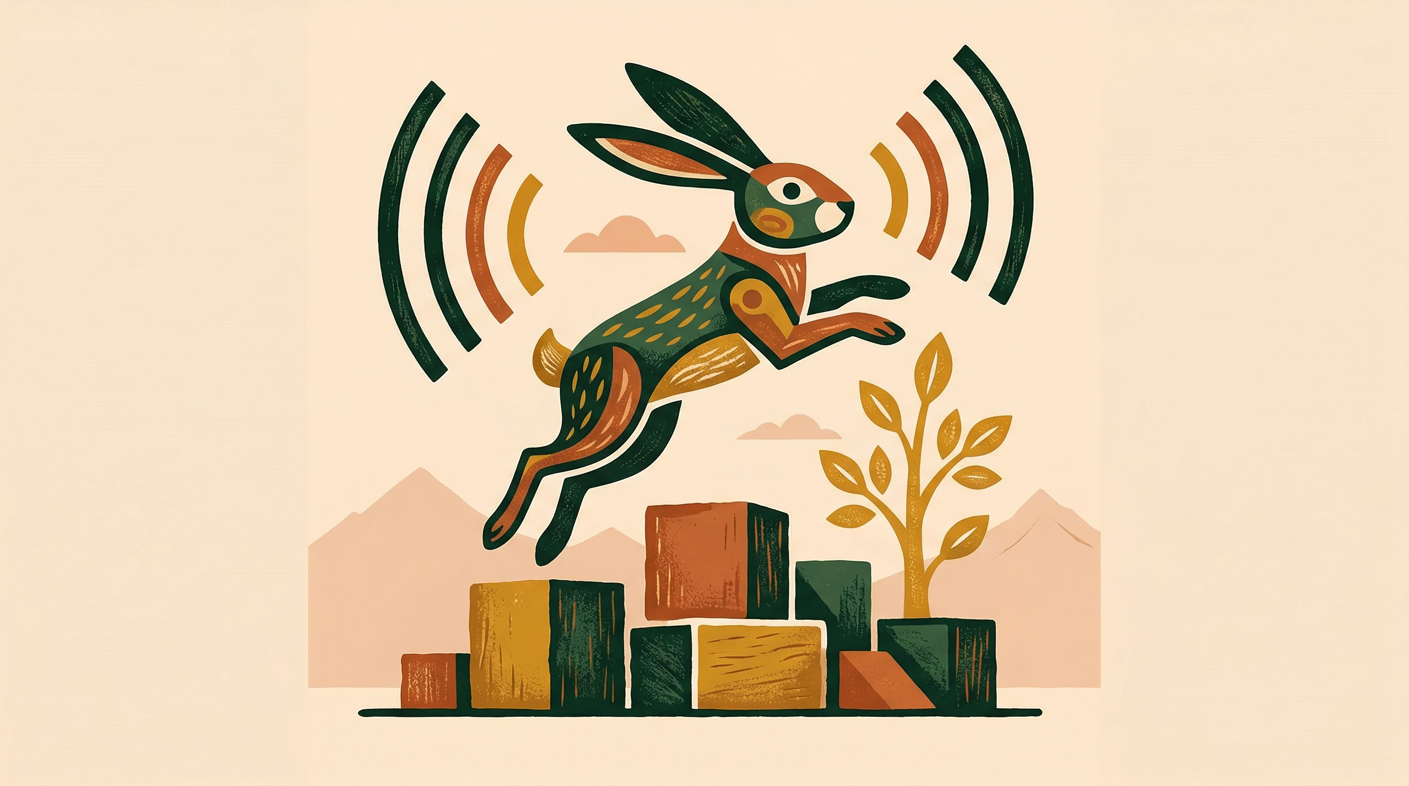 Digital illustration for article section "The Slovenian Alternative Making Noise" in "Why Developers Are Ditching Cloudflare for Smaller CDN Rivals" - A minimalist and conceptual illustration of a stylized, abstract rabbit figure leaping dynamically u...