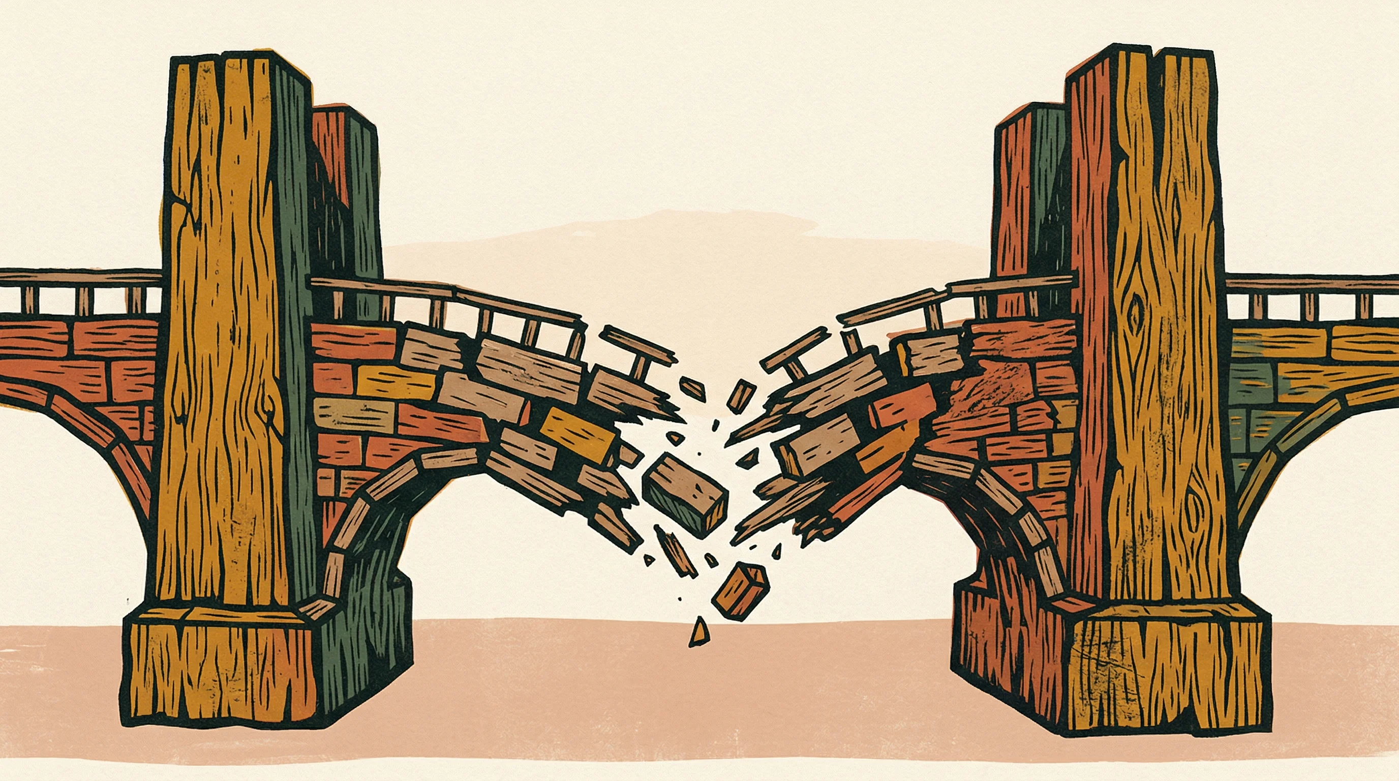 Digital illustration for article section "What Happens When the Middle Disappears" in "Why Developers Are Ditching Cloudflare for Smaller CDN Rivals" - A conceptual, minimal illustration depicting a sturdy, abstract bridge or archway where the central ...