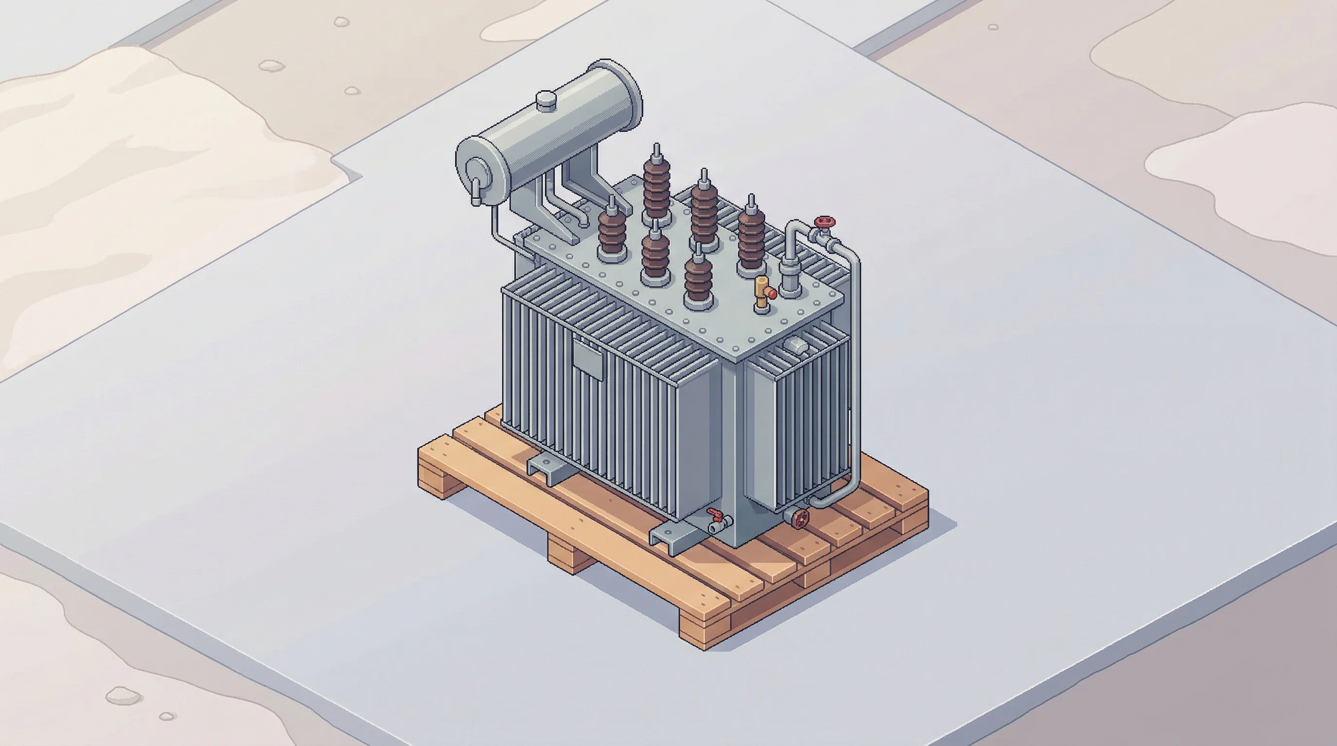 Digital illustration for article section "Content Section 7" in "Niv-AI Raises $12M to Unlock 30% Stranded Power in AI Data Centers" - A clean, minimal composition featuring a single, large electrical utility transformer resting on a w...
