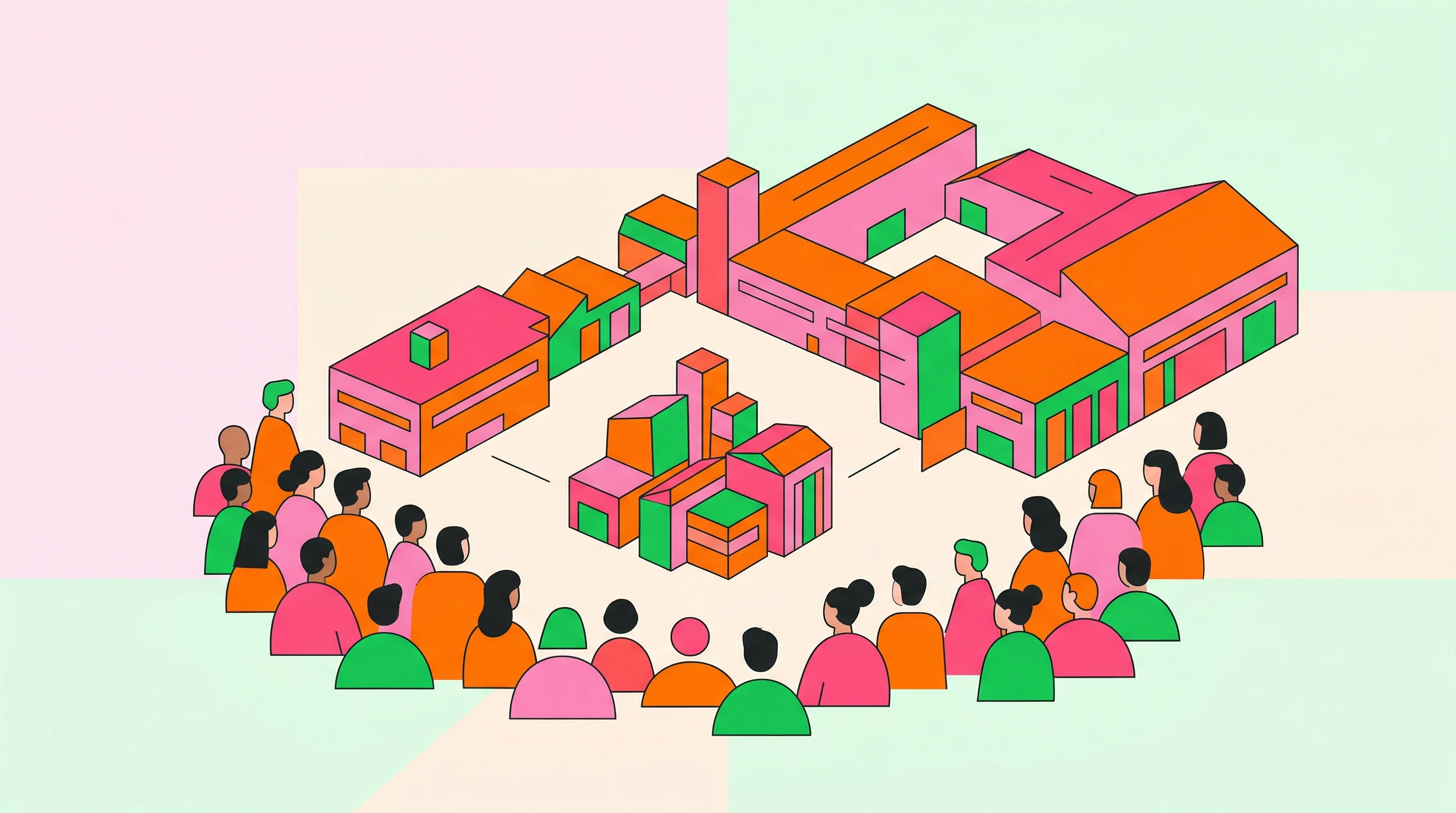Digital illustration for article section "What 100 Specialists Can Actually Deliver" in "Subra Raises €40M Series A, Acquires THEVA to Scale Superconductors" - A vibrant geometric illustration of a modern production facility dynamically expanding into a sleek,...