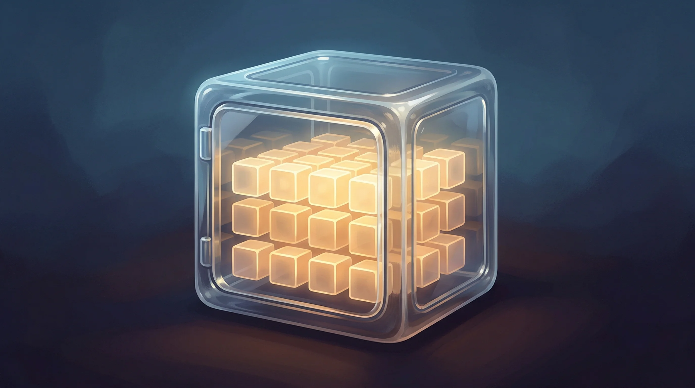 Digital illustration for article section "The Pitch: Reproducibility as a Feature, Not a Bug" in "WholeSum Tops Up Pre-Seed with $335K for Auditable AI Analytics" - A conceptual, minimalist illustration of a sturdy, stylized transparent crystalline vault representi...